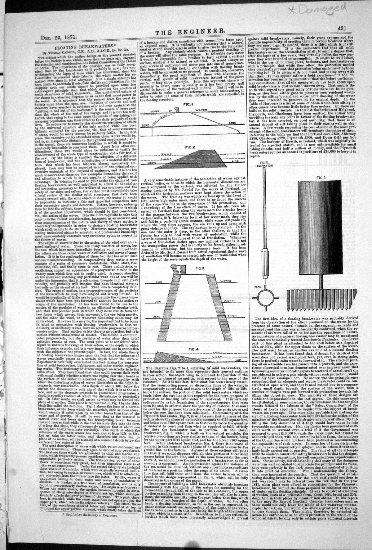 Old Antique Print Damaged 1871 Engineering Floating Breakwaters Diagrams 19th