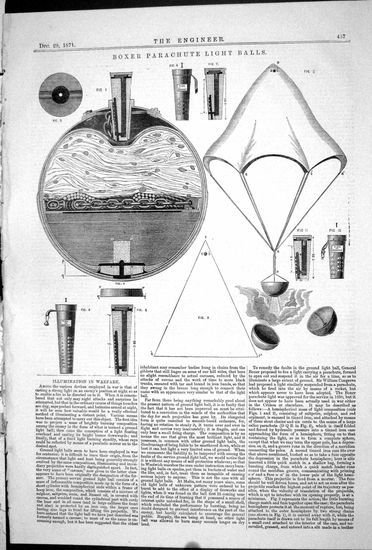 Old 1871 Engineering Boxer Parachute Light Balls Illumination Warfare Victorian