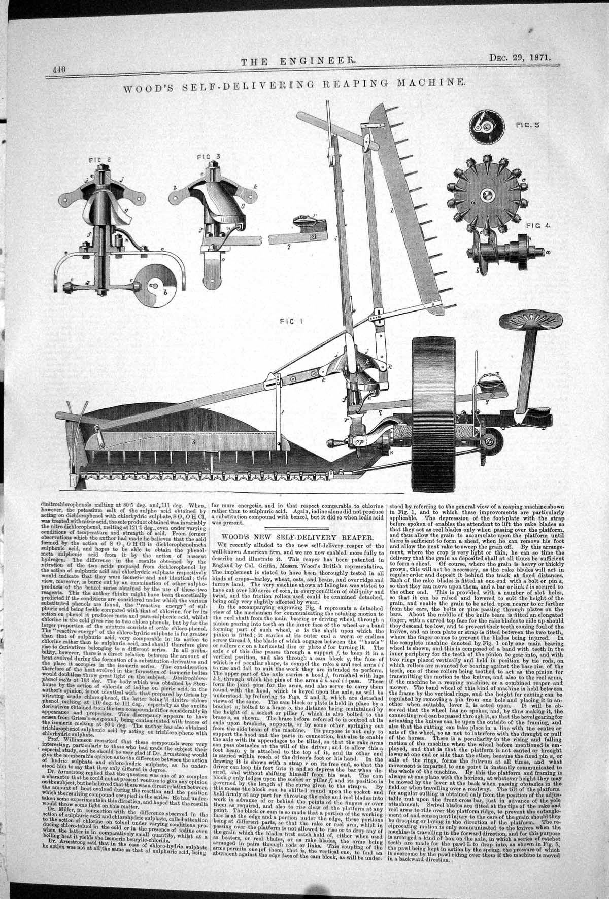 Old 1871 Engineering Wood Self-Delivering Reaping Machine Agricluture Victorian