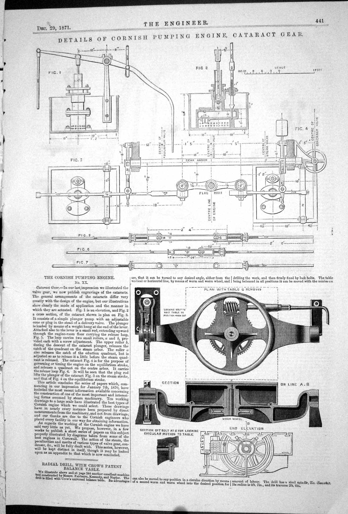 Antique Old Print 1871 Details Cornish Pumping Engine Cataract Gear Machinery