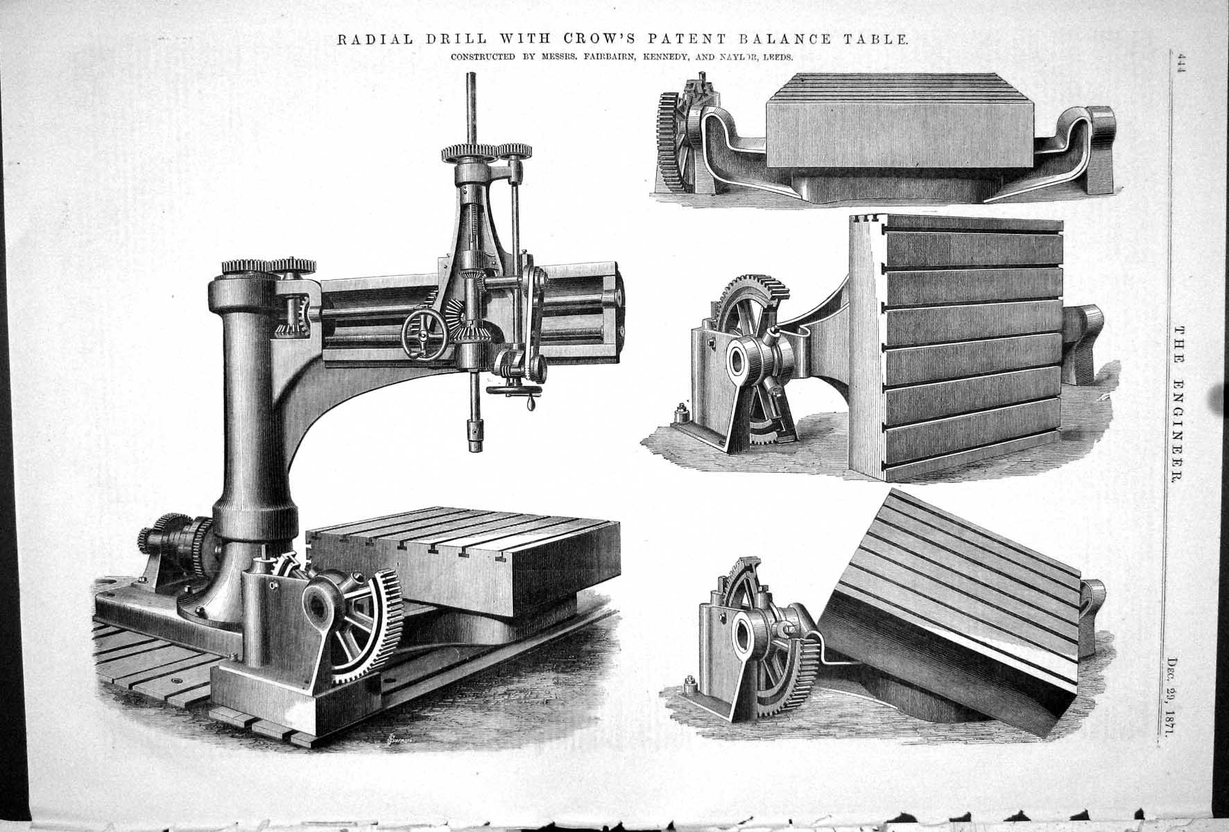 Antique Print 1871 Radial Drill Crow Patent Balance Table Fairbairn Kennedy