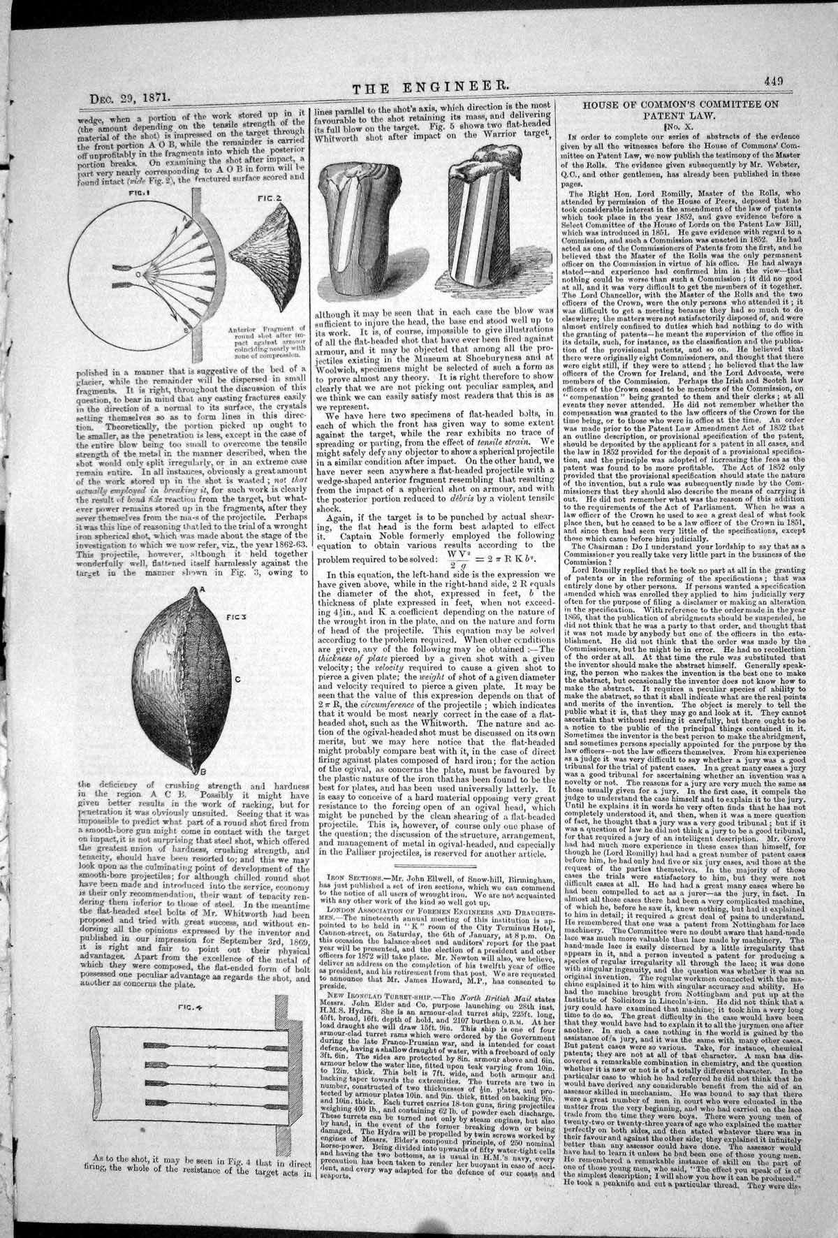 Old 1871 Engineering Anterior Fragment Round Shot Impact Armour Diagr Victorian