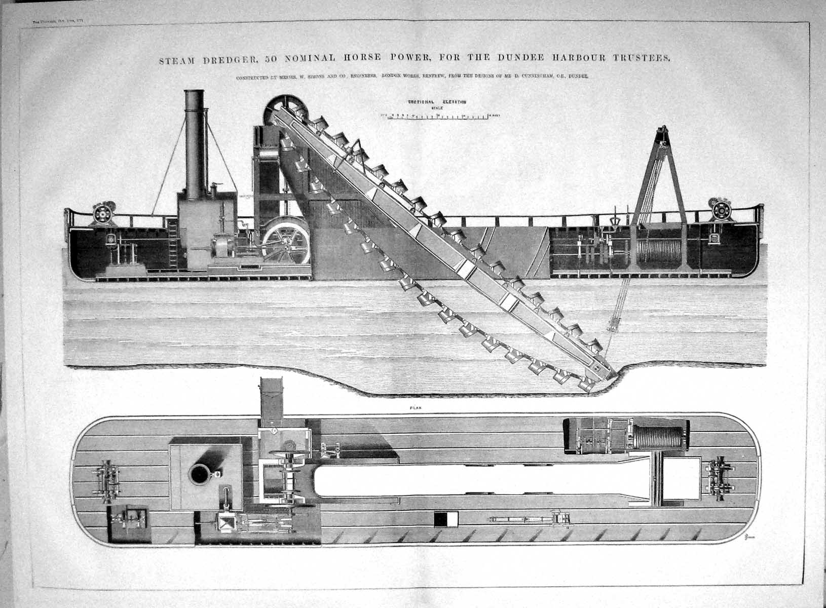 Antique Print 1871 Steam Derdger Nominal Horse Power Dundee Harbour Simons