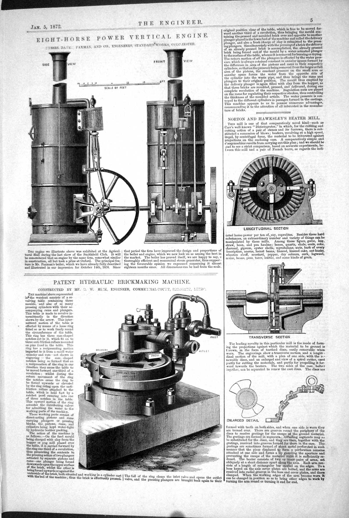 Old Print Eight-Horse Power Vertical Engine 1872 Brickmaking Machine Mill 19th