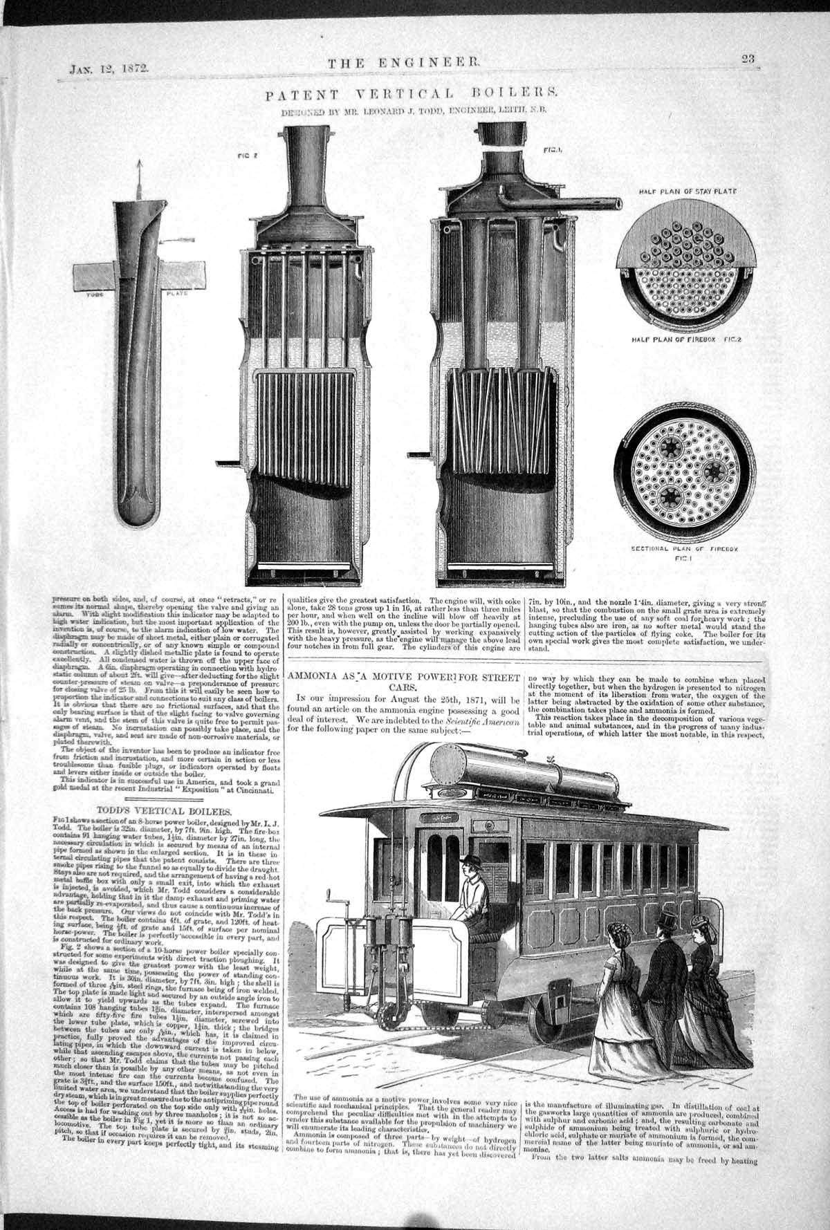 Old Print Patent Vertical Boilers Leonard 1872 Ammonia Power Street Cars 19th