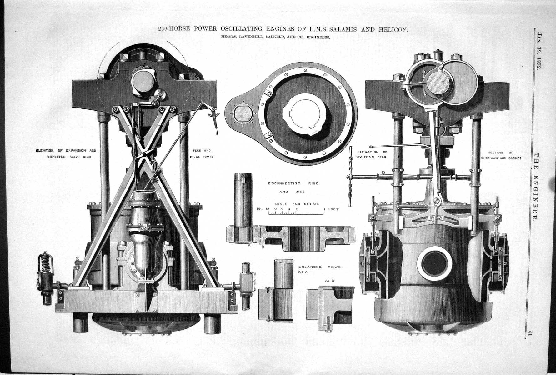 Antique Print 1872 250-Horse Power Oscillating Engines Ship Salamis Helicon