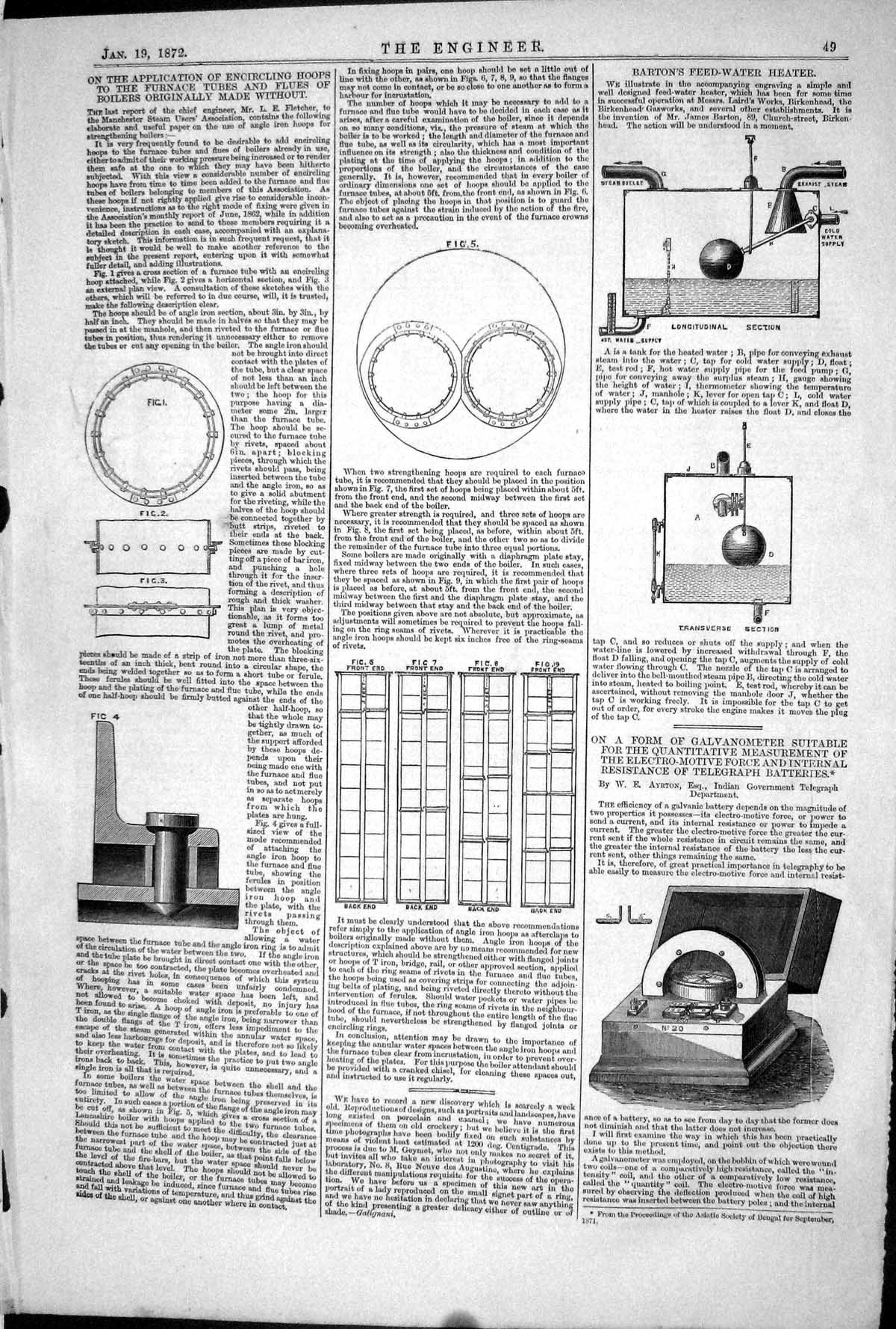 Old Print 1872 Galvanometer Telegraph Batteries Barton Feed-Water Heater 19th
