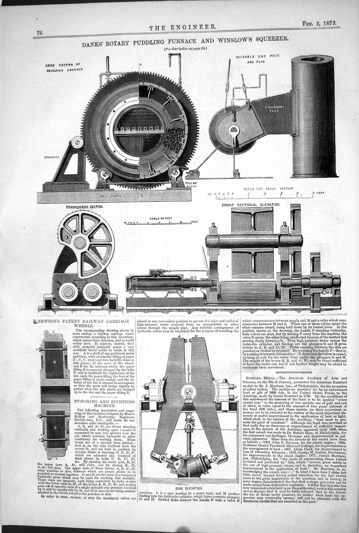 Antique Print 1872 Danks Rotary Puddling Furnace Winslow Squeezer Machinery