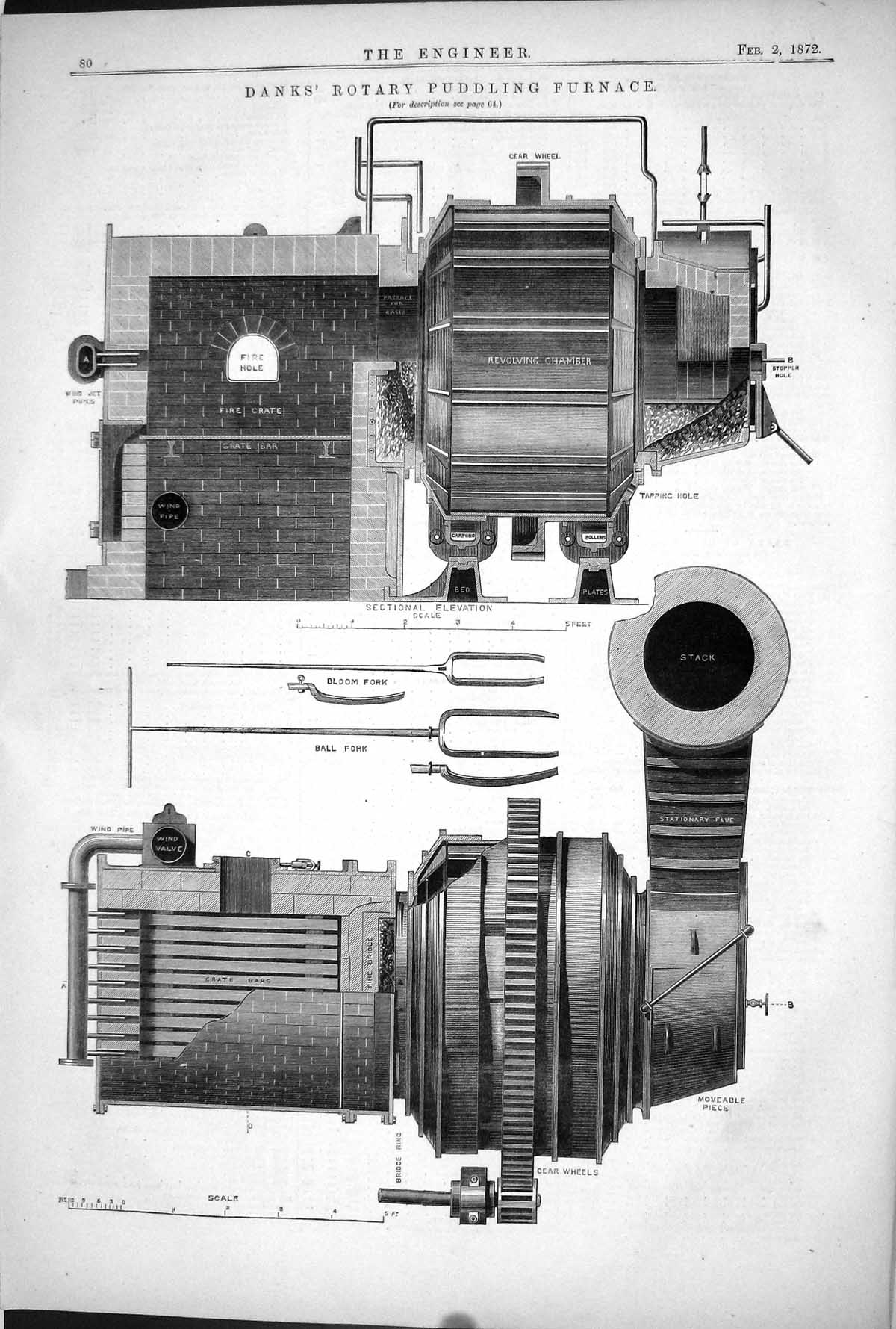 Old 1872 Engineering Dank Rotary Puddling Furnace Machinery Gear Whee Victorian