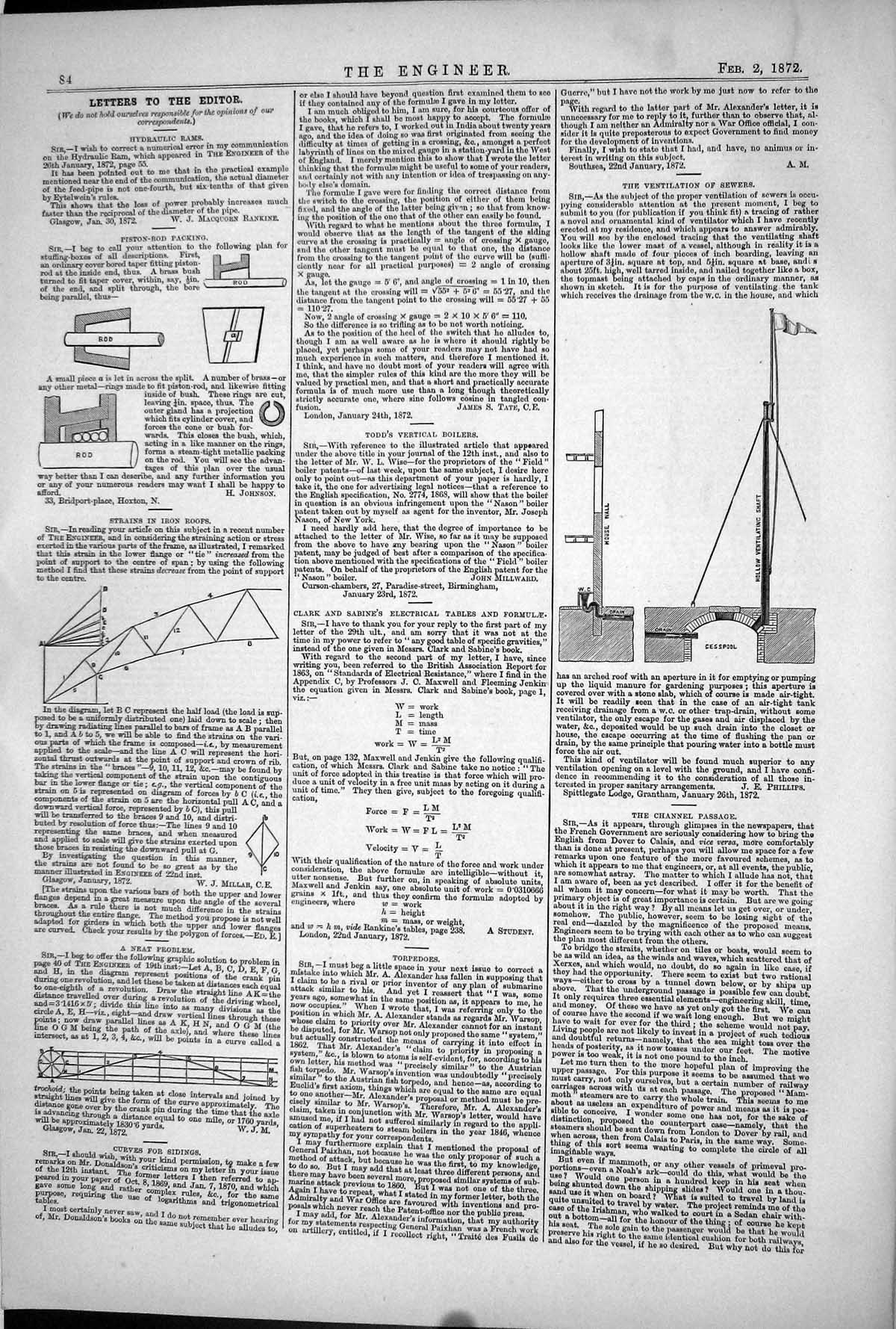 Old 1872 Hydraulic Rams Strains Iron Roofs Ventilation Sewers Diagram Victorian