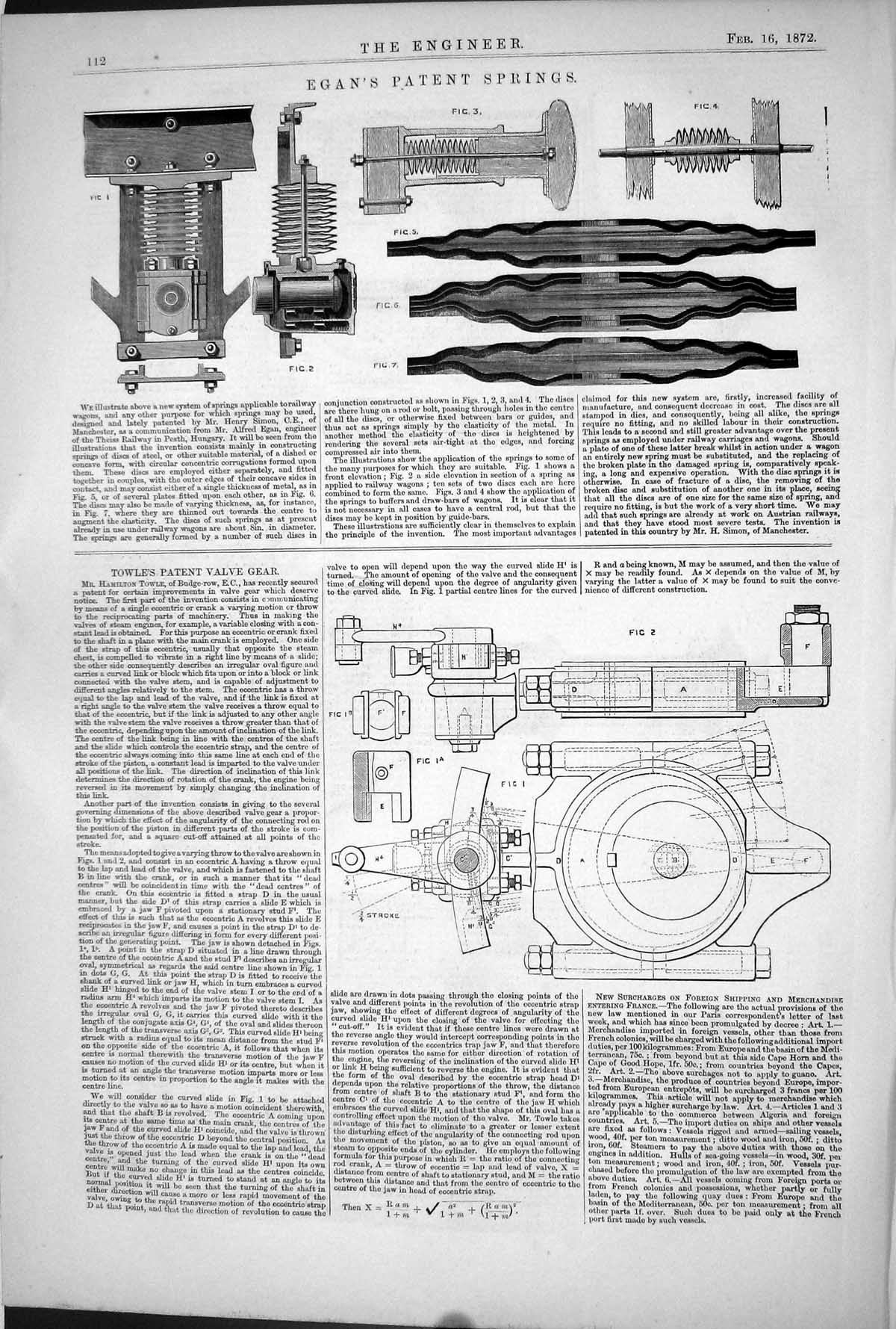 Old Print 1872 Egan Patent Springs Towle Valve Gear Diagrams Instruments 19th