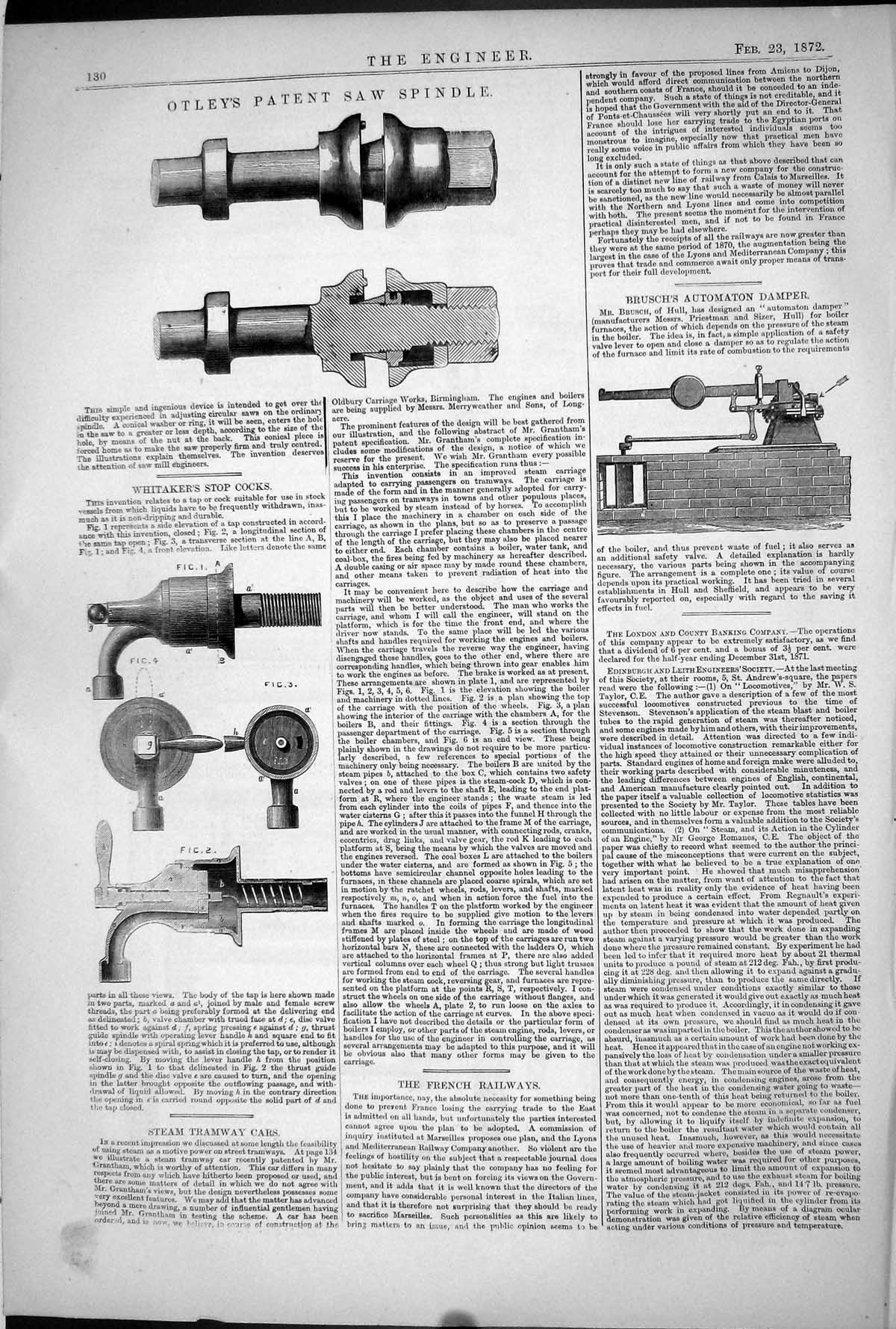 Old Print 1872 Otley Patent Saw Spindle Whitaker Stop Cocks Brusch Damper 19th