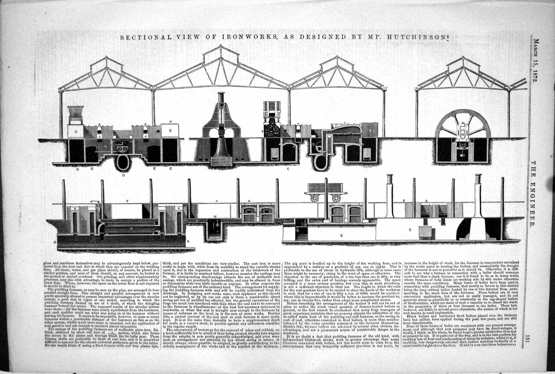 Original Old Antique Print 1872 Engineering Sectional View Ironworks Hutchinson