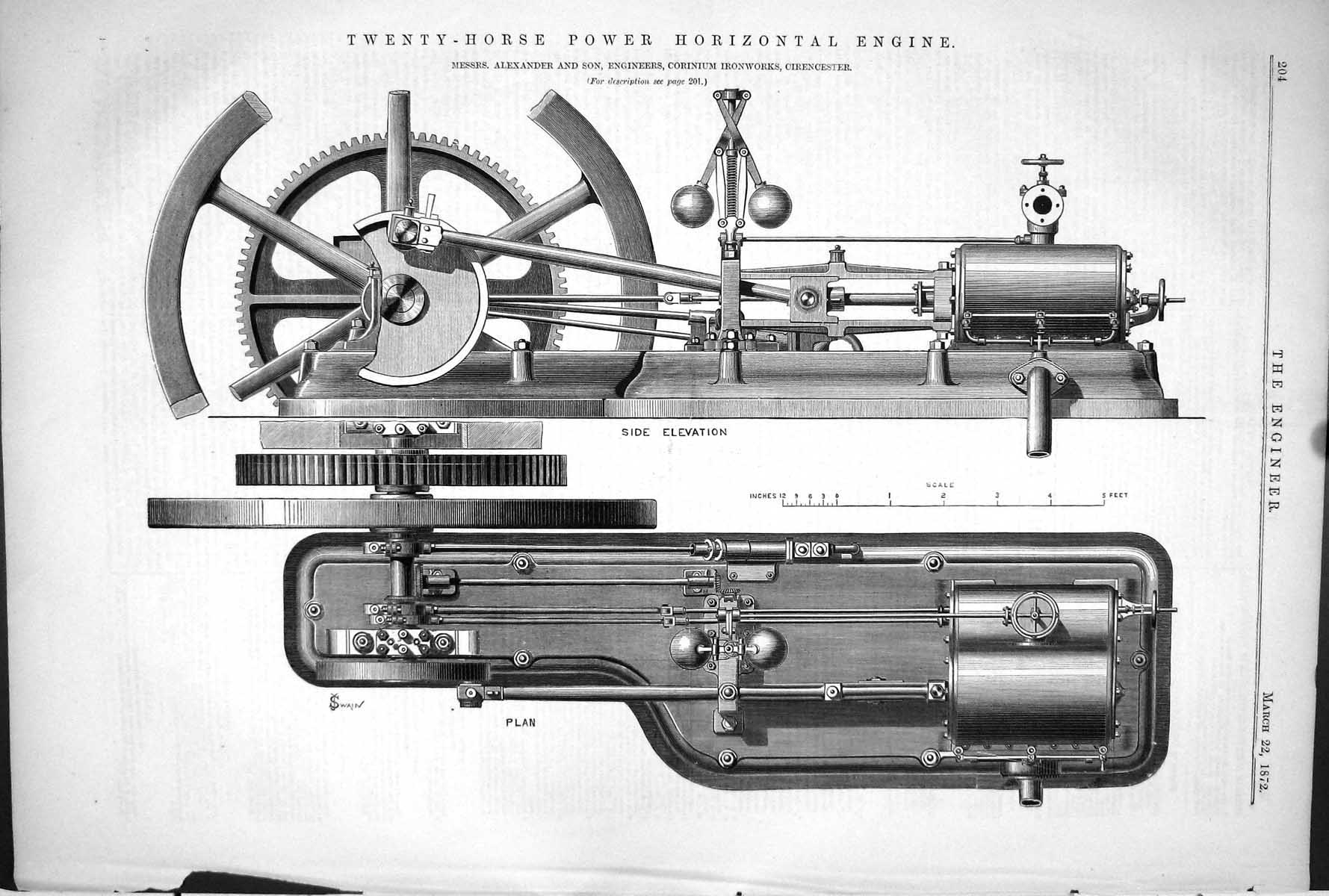 Antique Print 1872 Twenty-Horse Power Horizontal Engine Machinery Alexander