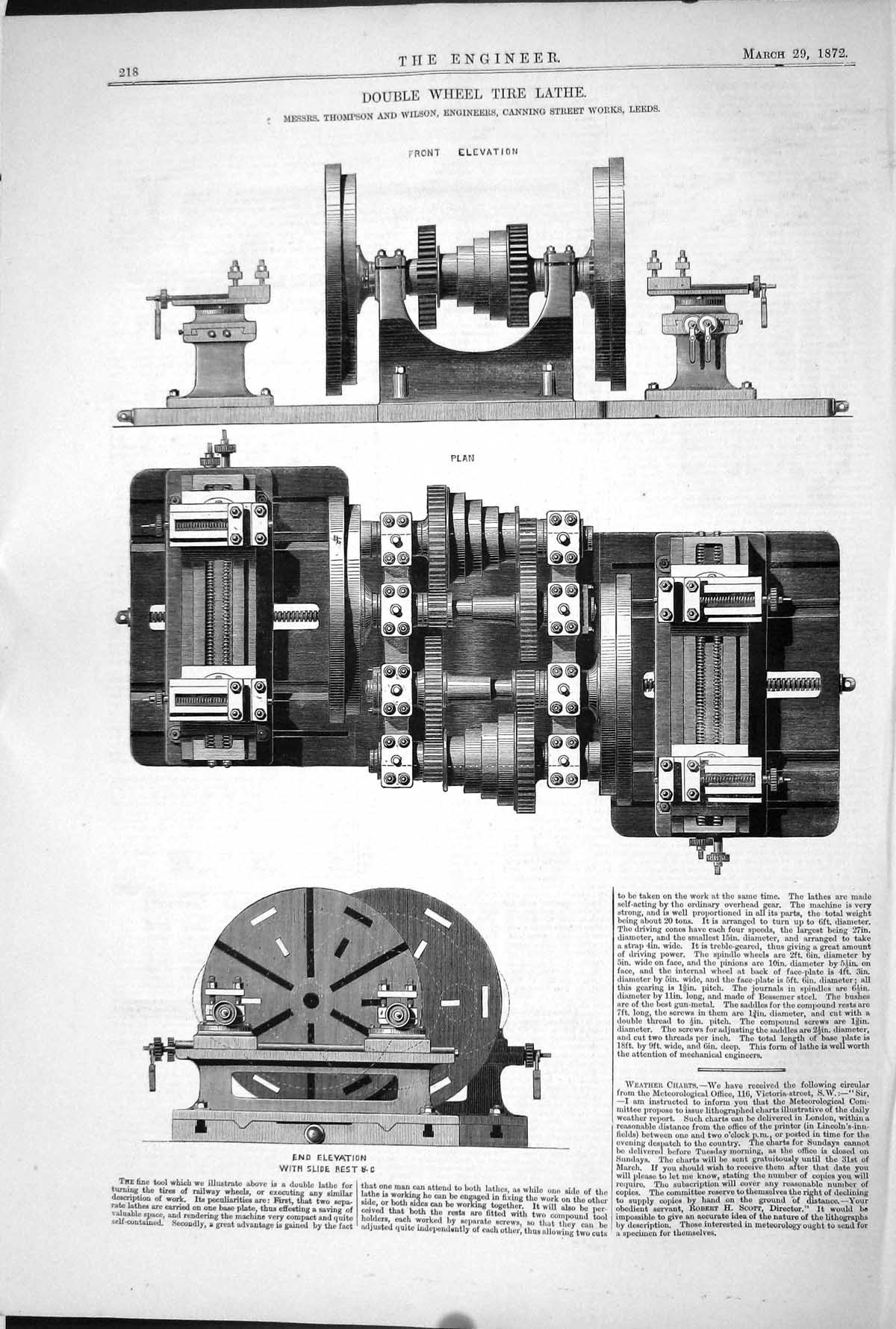 Old Print 1872 Double Wheel Lathe Machinery Thompson Canning Works Leeds 19th