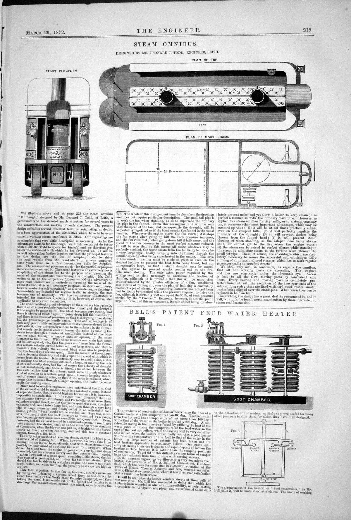 Old 1872 Steam Omnibus Leonard Todd Leith Bell Patent Feed Water Heat Victorian