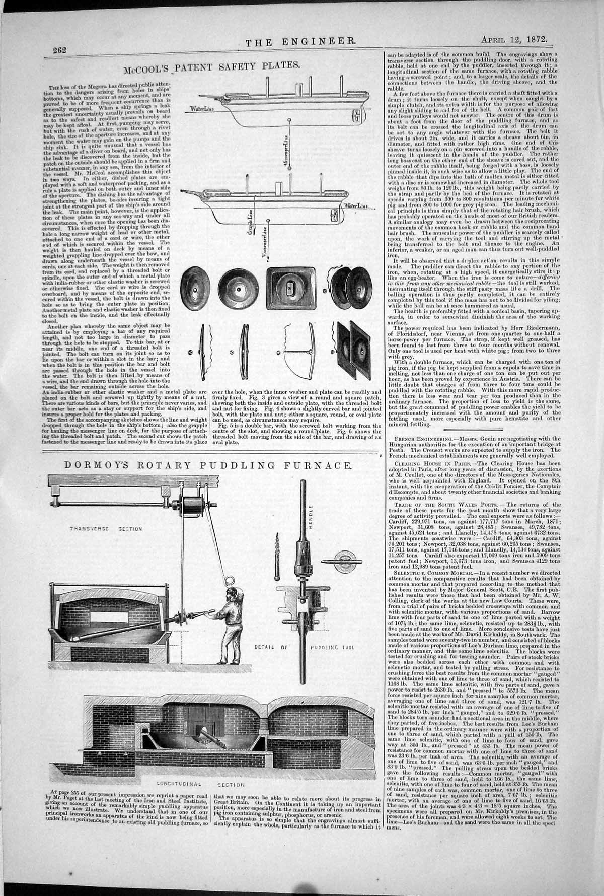 Old Print 1872 Mccool Patent Safety Plates Dormoy Rotary Puddling Furnace 19th