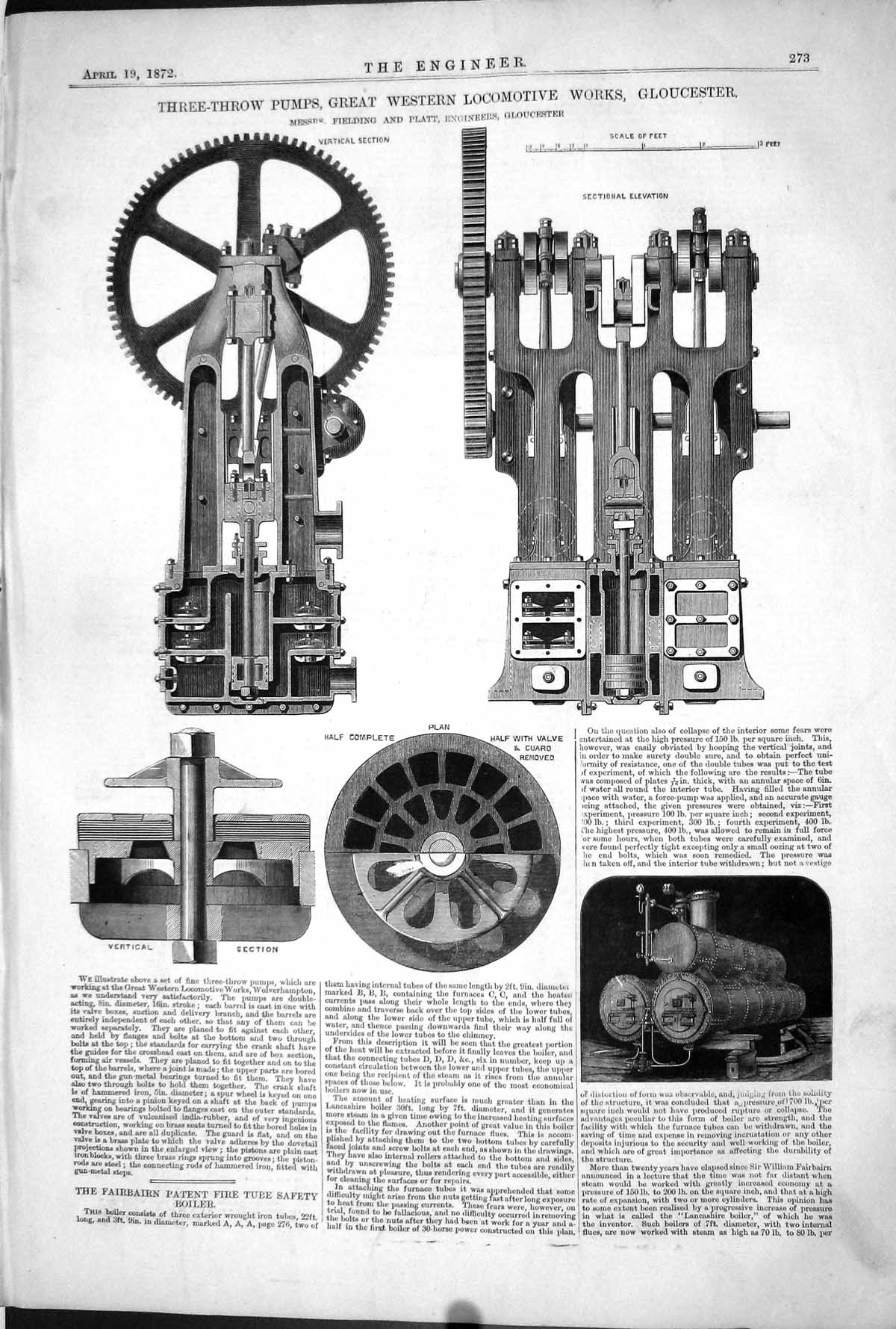 Old Print 1872 Three-Throw Pumps Great Western Locomotive Works Fielding 19th