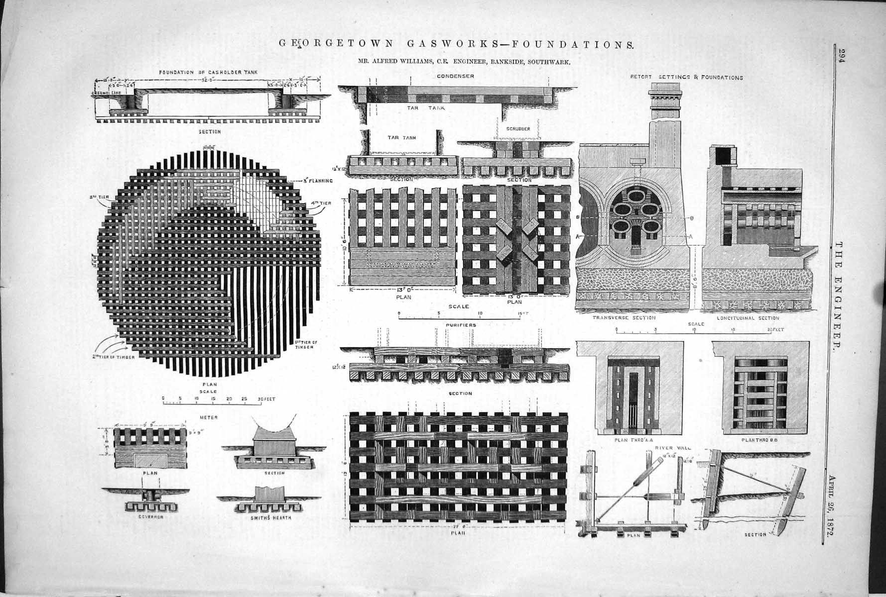 Antique Print 1872 Plans Georgetown Gasworks Foundations Williams Southwark