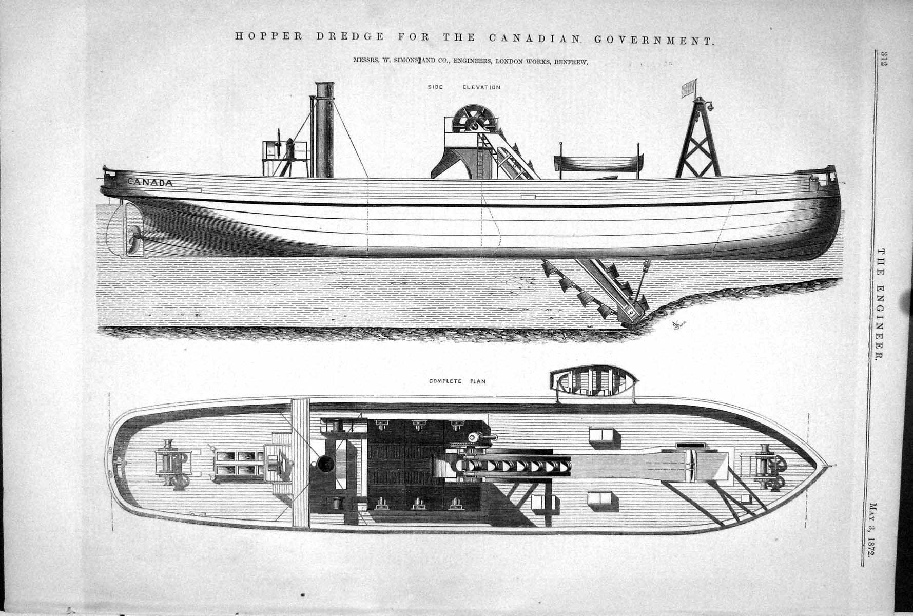 Old 1872 Engineering Hopper Dredge Canadian Government Simons Renfrew Victorian