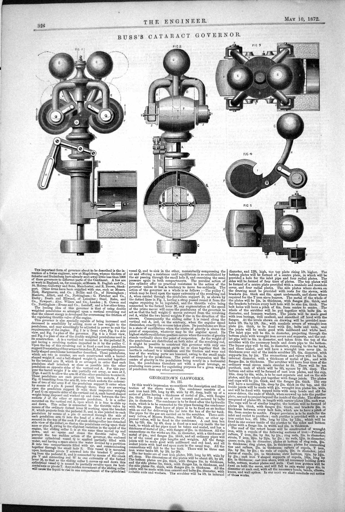 Antique Old Print 1872 Engineering Buss Cataract Governor Machinery Aparatus