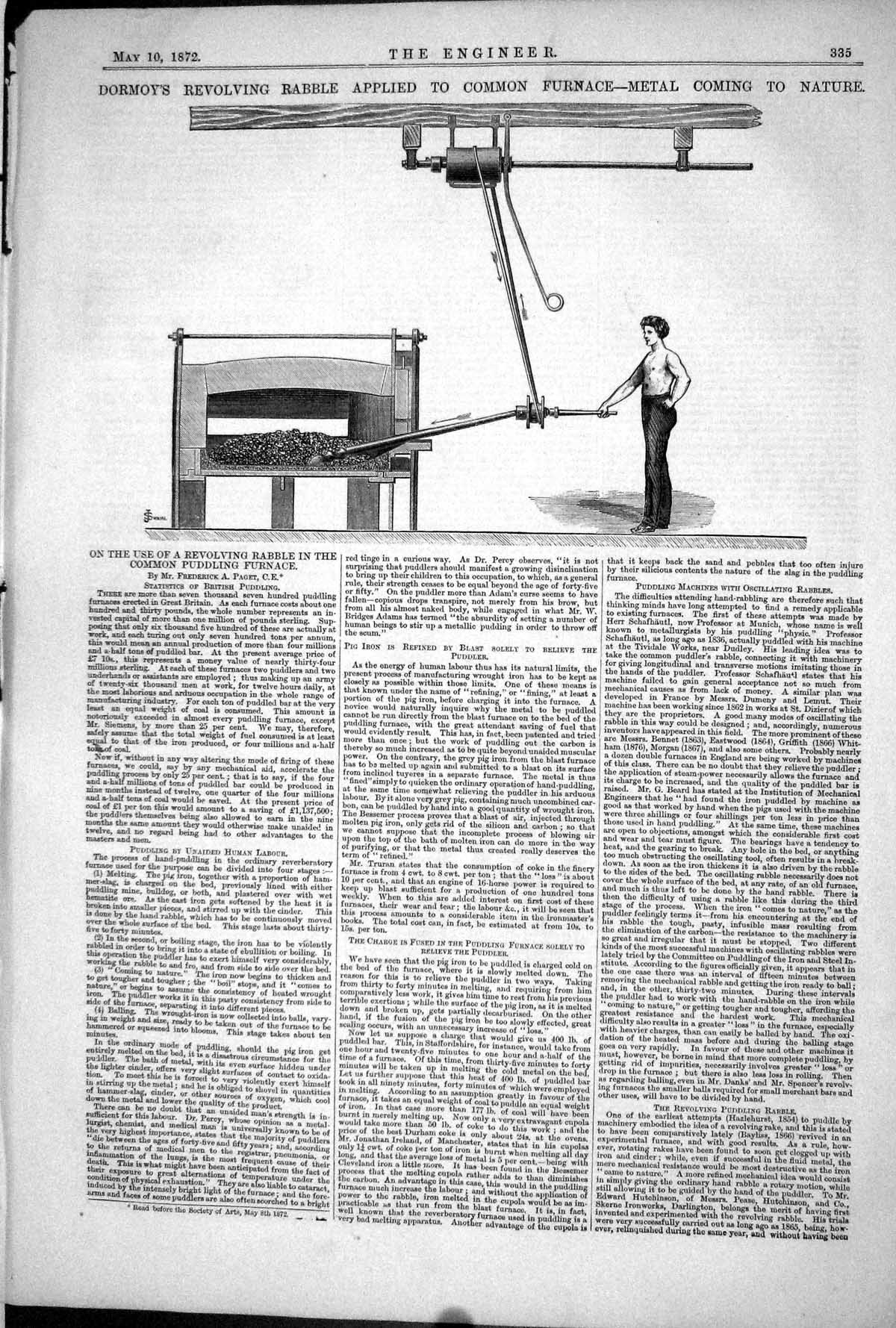 Antique Old Print 1872 Dormoy Revolving Rabble Common Puddling Furnace Metal
