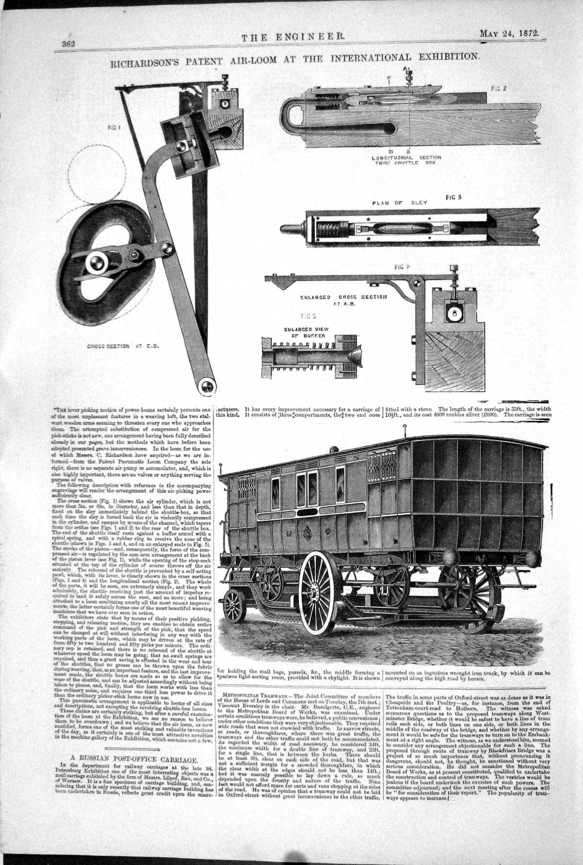 Old Print 1872 Richardson Patent Air-Loom International Exhibition Train 19th