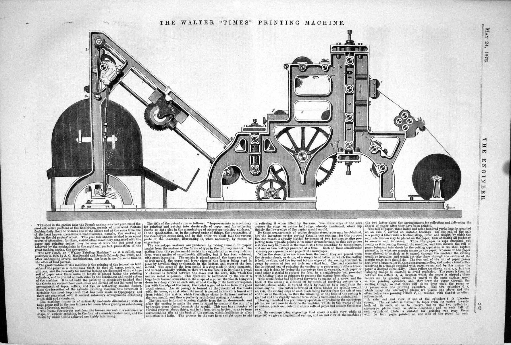 Original Old Antique Print 1872 Engineering Walter Times Ing Machine Machinery