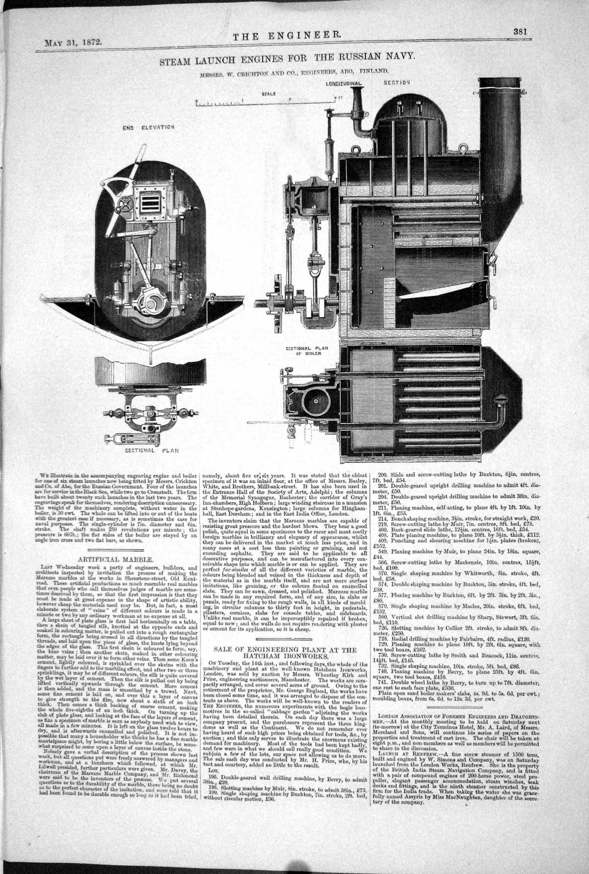 Old 1872 Engineering Steam Launch Engines Russian Navy Crichton Finla Victorian