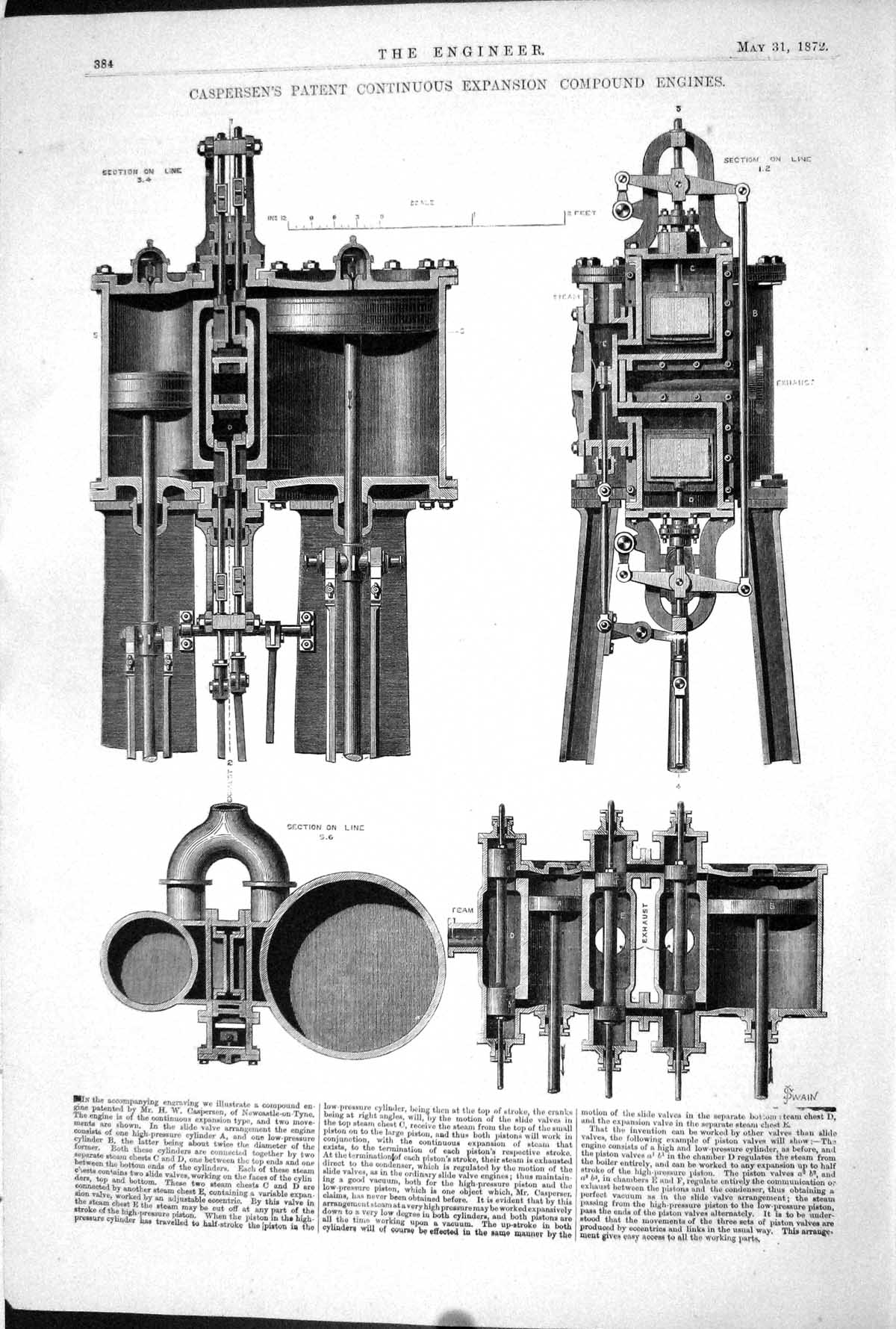 Antique Old Print 1872 Caspersen Patent Continuous Expansion Compound Engines