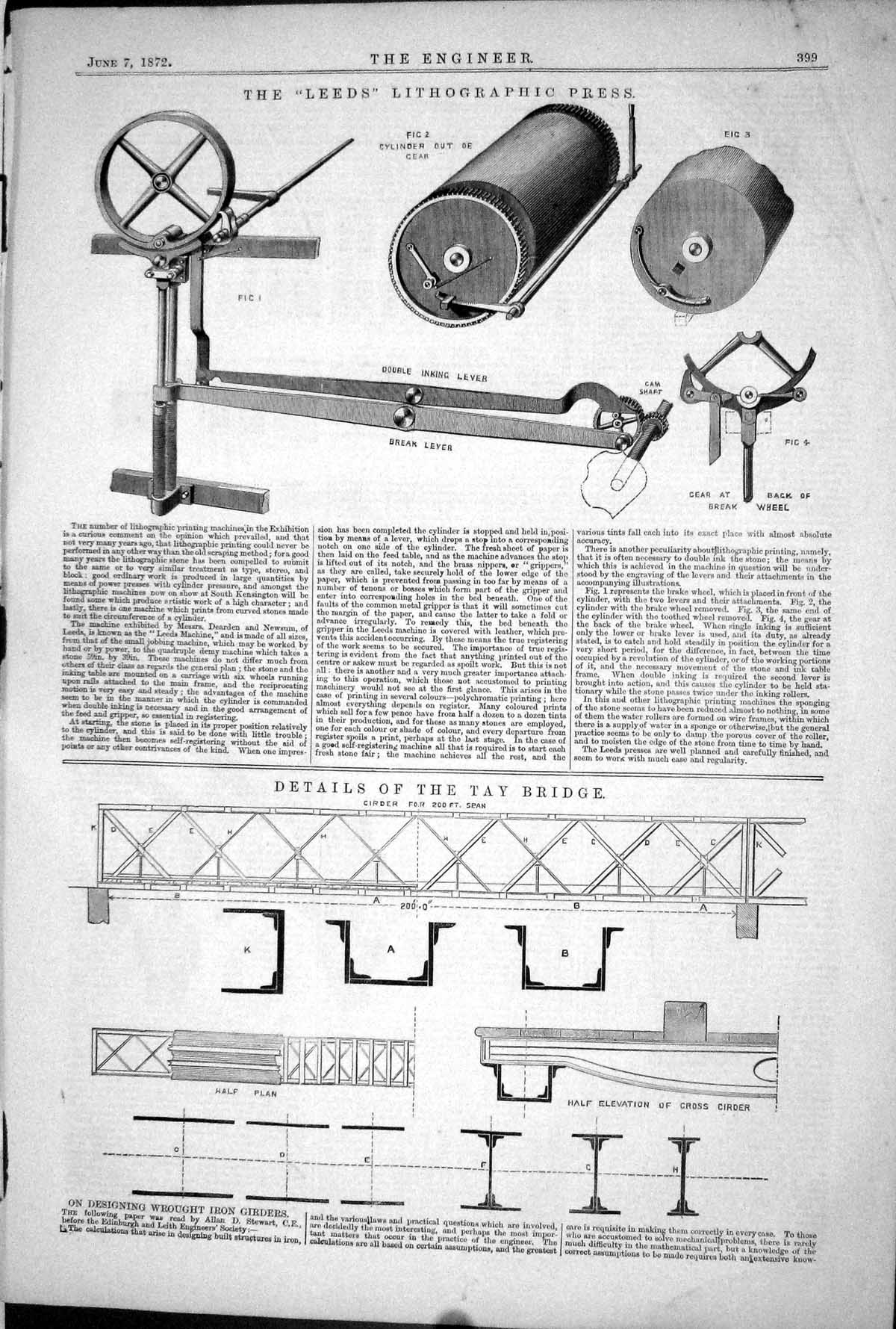Antique Print 1872 Leeds Lithographic Press Tay Bridge Wrought Iron Girders