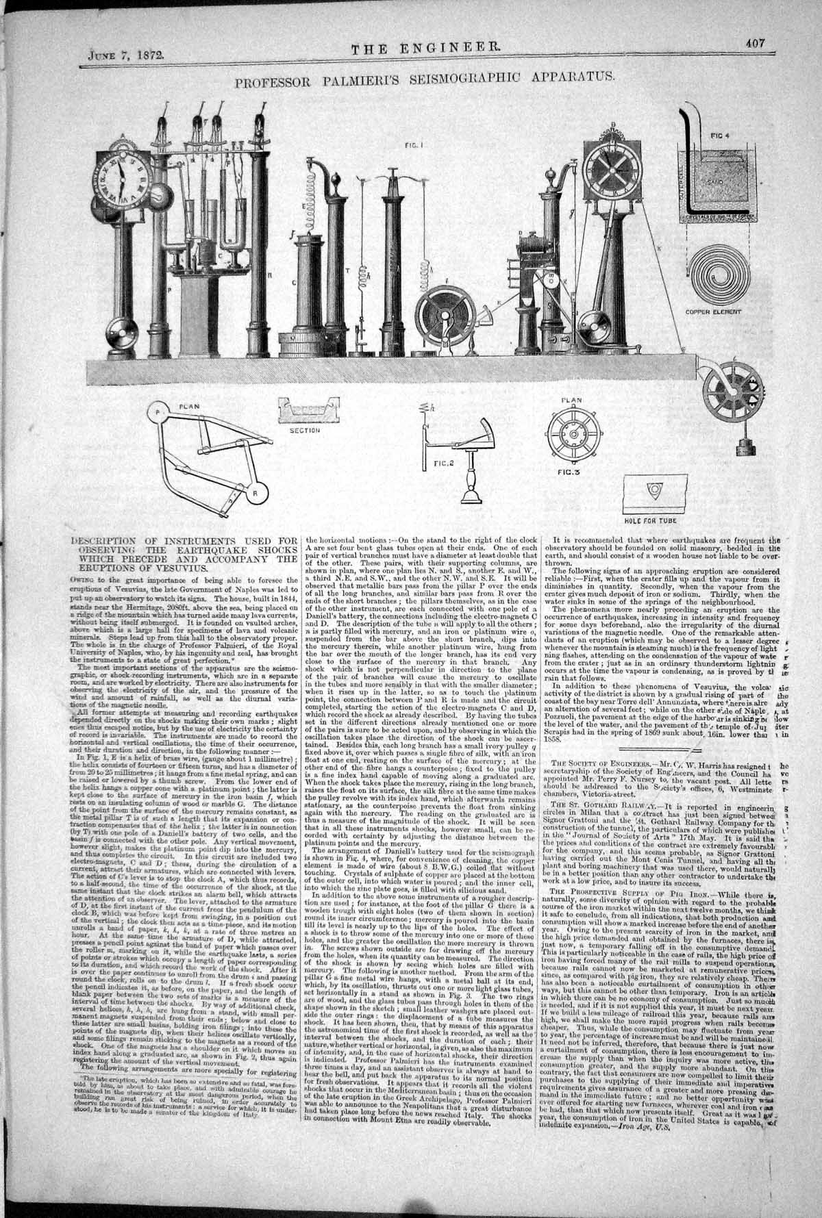 Antique Old Print 1872 Professor Palmieri Seismographic Apparatus Instruments