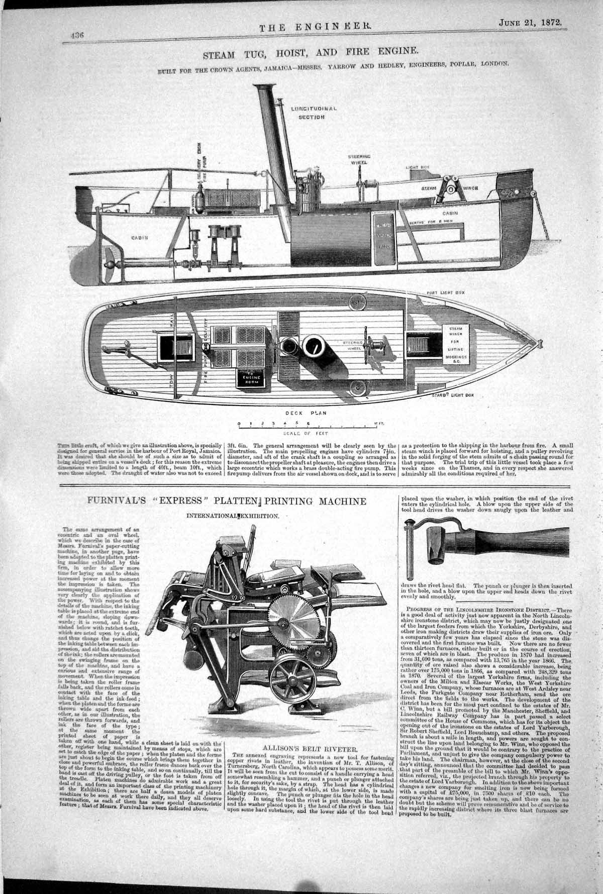 Antique Print 1872 Steam Tug Hoist Fire Engine Furnival Express Ing Machine