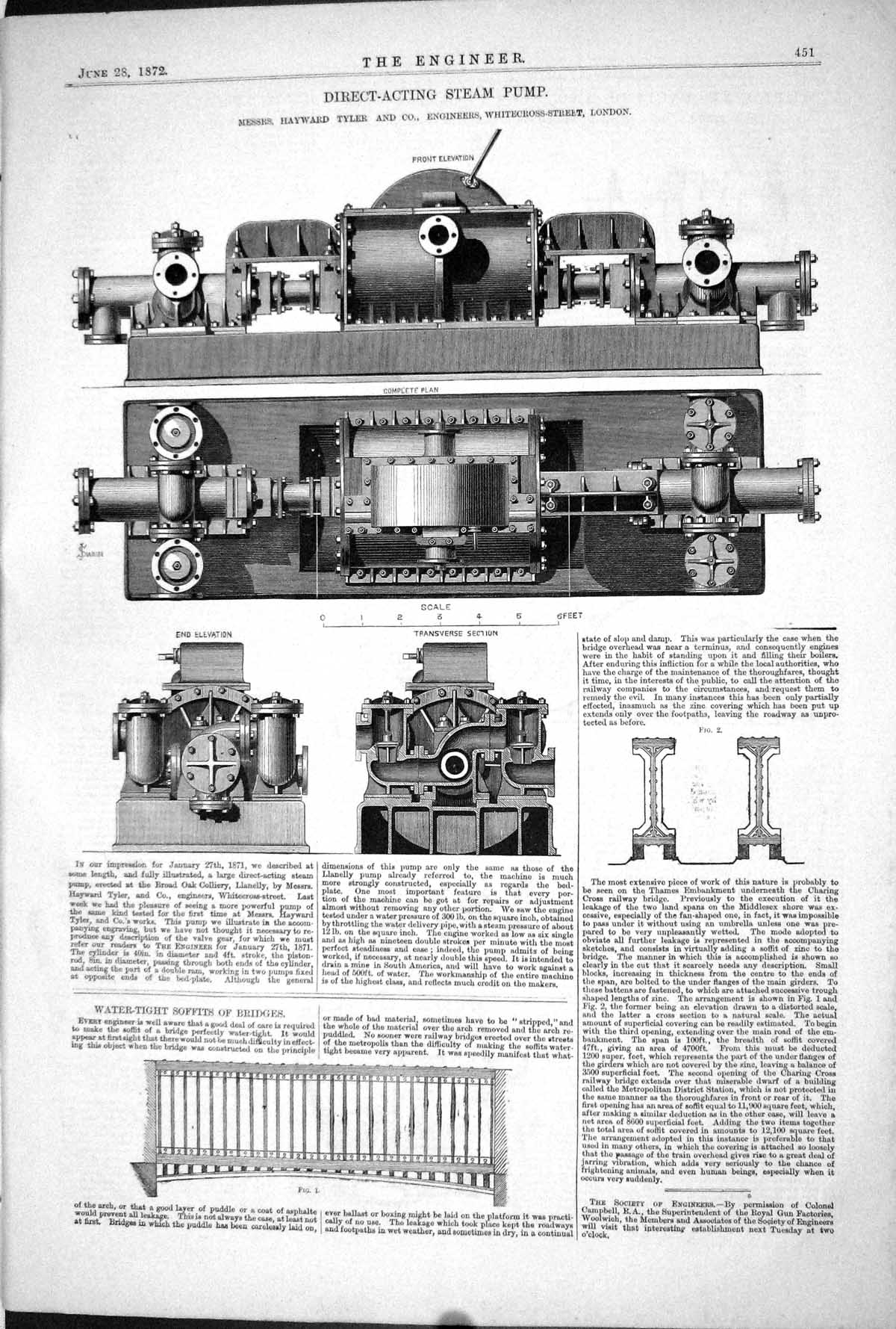 Antique Old Print 1872 Direct-Acting Steam Pump Hayward Tyler Soffits Bridges