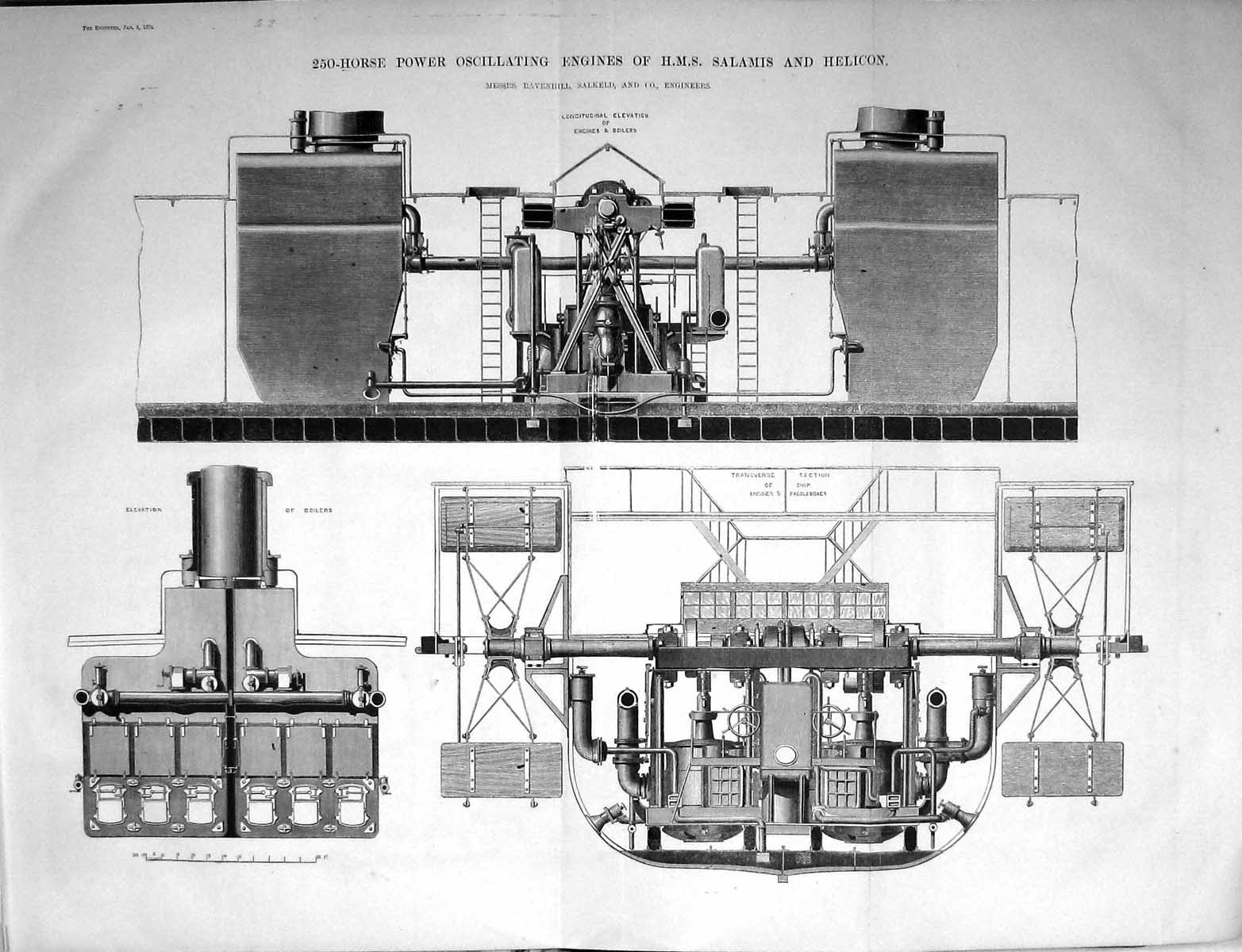 Old Print 1872 250-Horse Power Oscillating Engines Ship Salamis Hellicon 19th