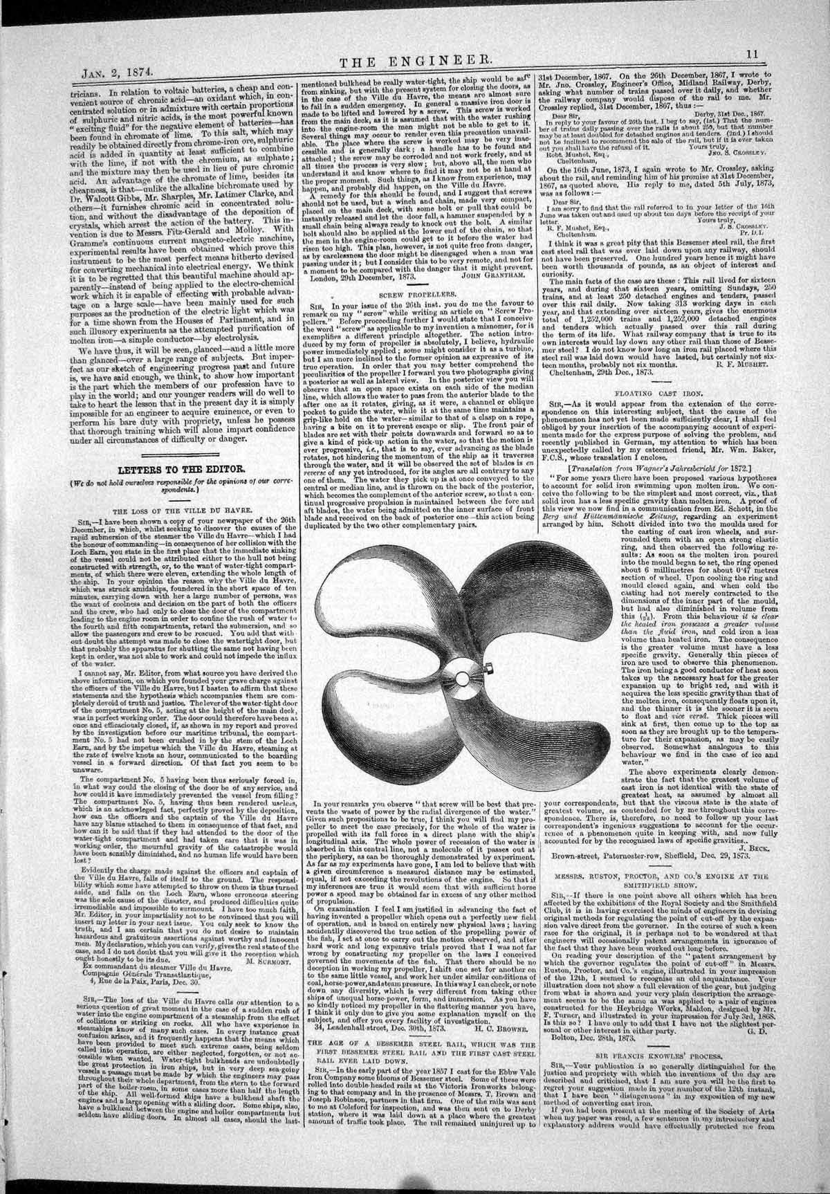 Original Old Antique Print Engineering 1874 Screw Propellers Ship Machinery