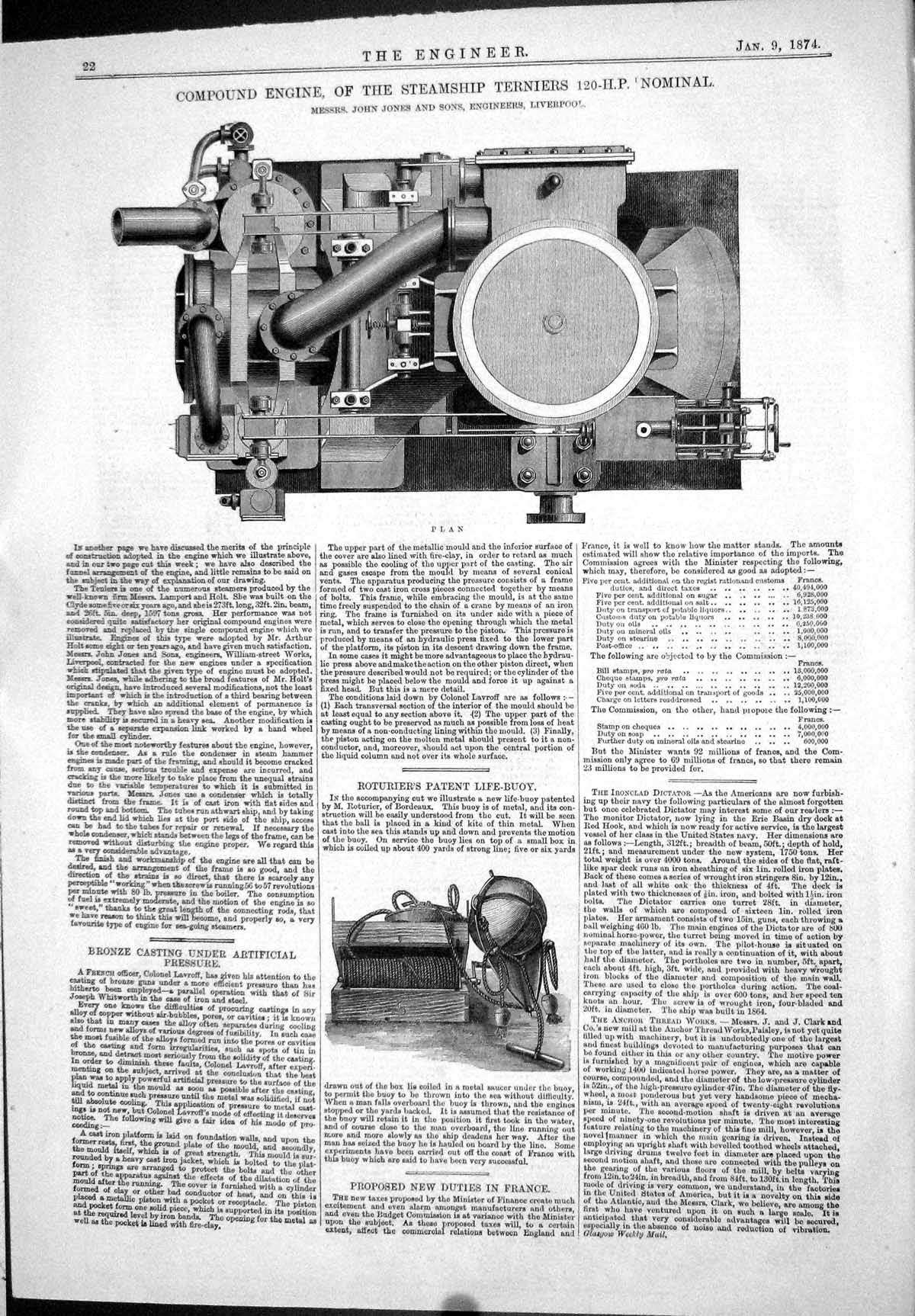 Antique Old Print 1874 Compound Engine Steam Ship Terniers Nominal John Jones