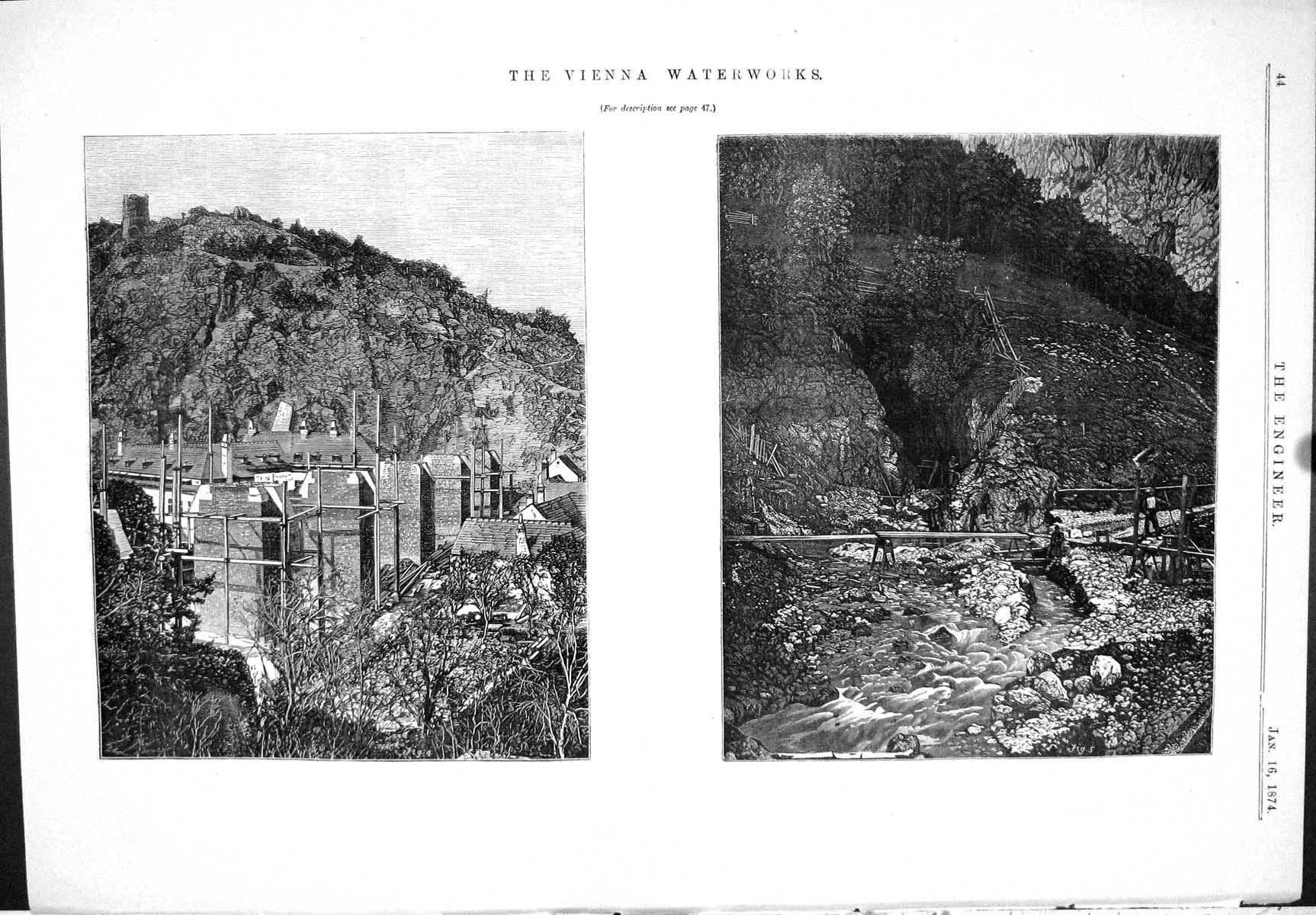 Original Old Antique Print Engineering 1874 Vienna Waterworks Buildings River
