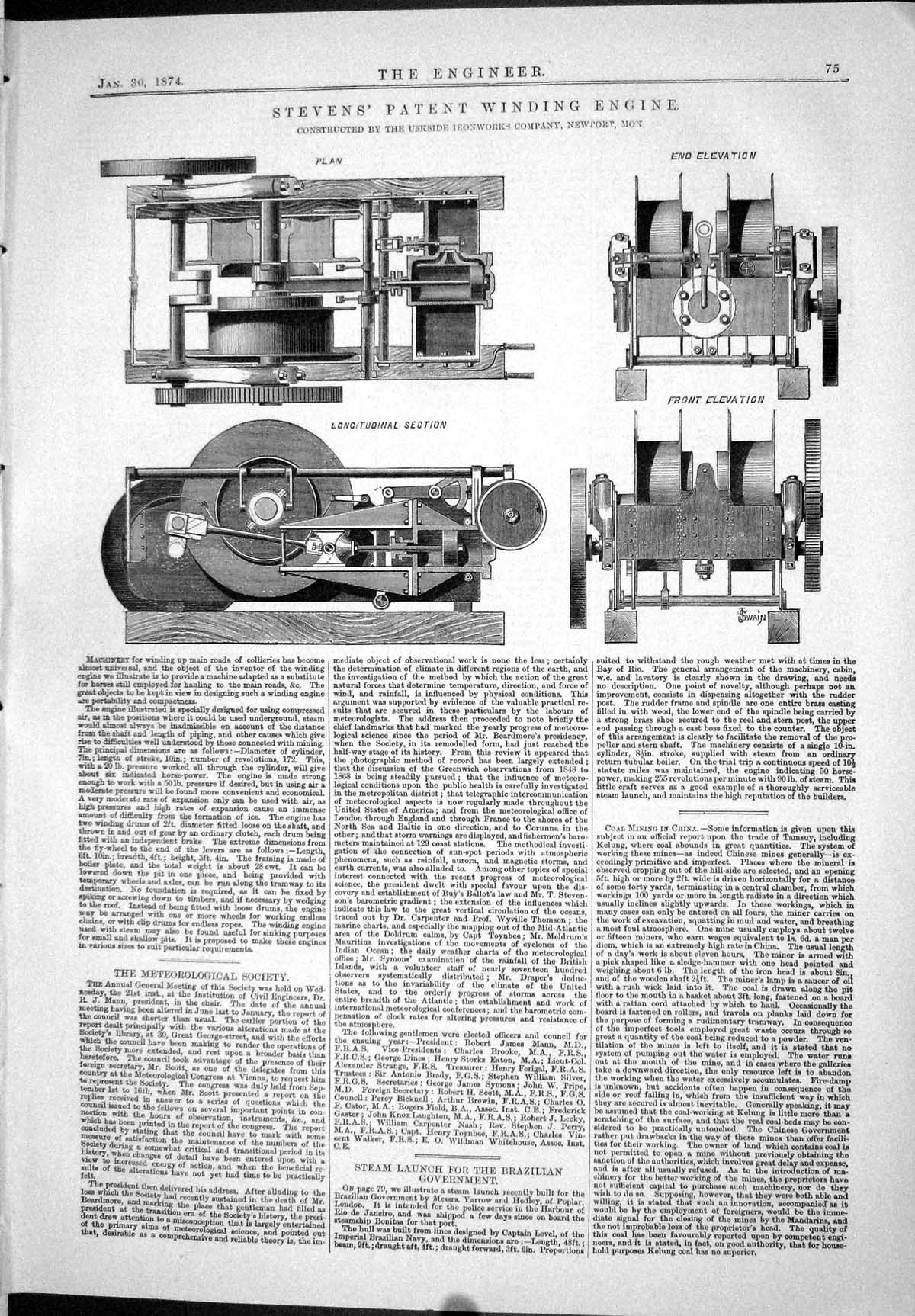 Antique Old Print 1874 Stevens Patent Winding Machine Uskside Liteynoy Bridge