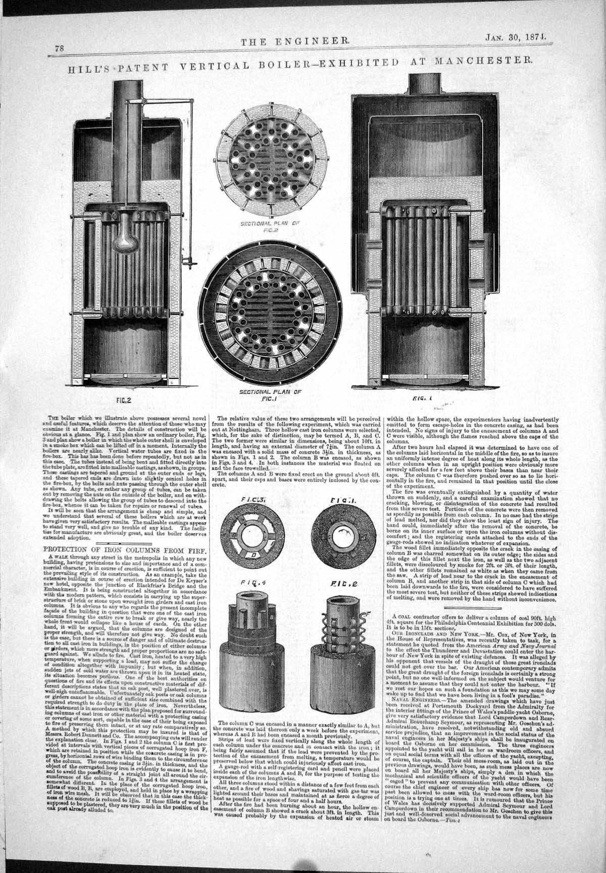 Antique Old Print 1874 Hill Patent Vertical Boiler Manchester Machinery Plan
