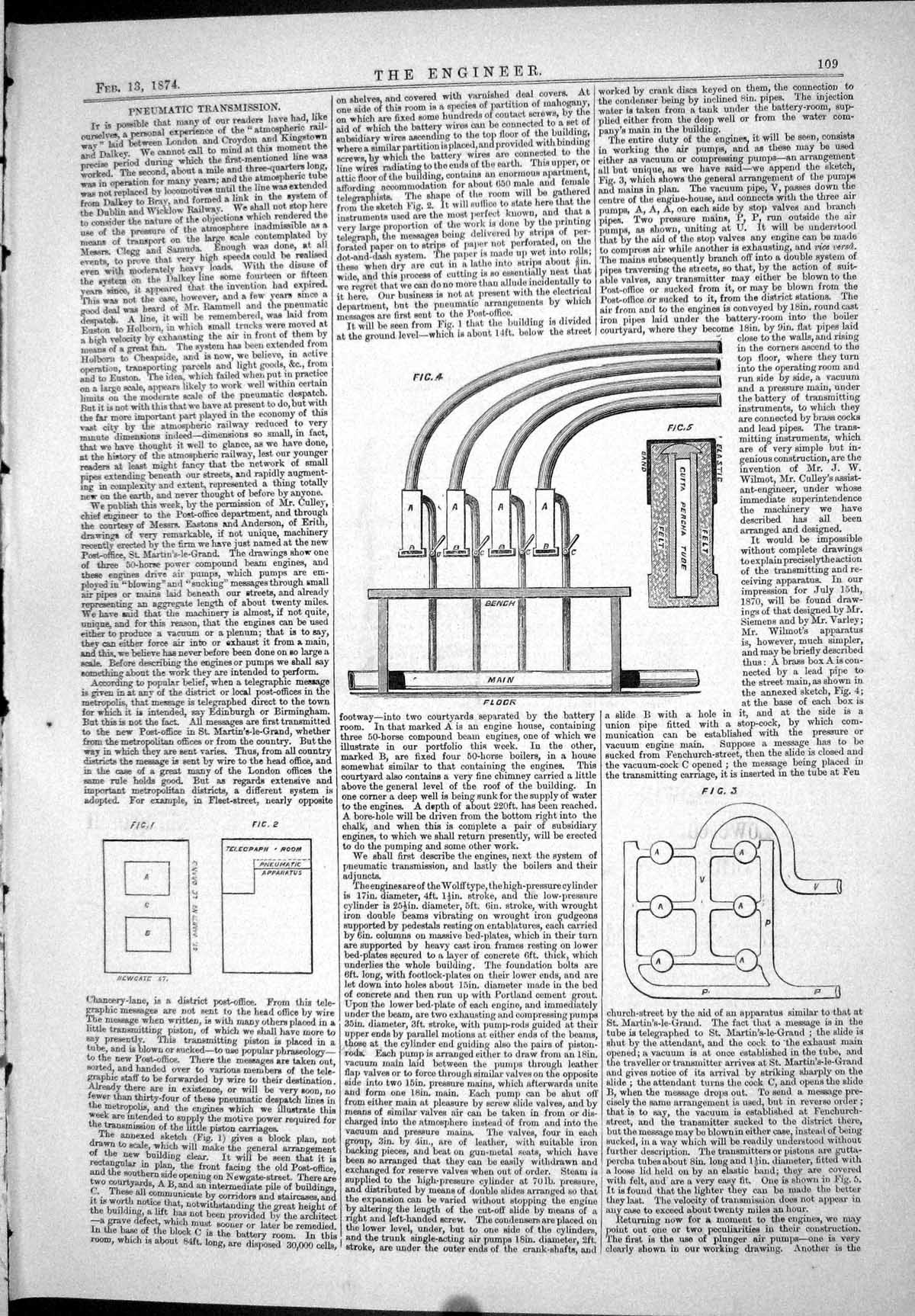 Old Engineering 1874 Pneumatic Transmission Plan Philadelphia Exhibit Victorian