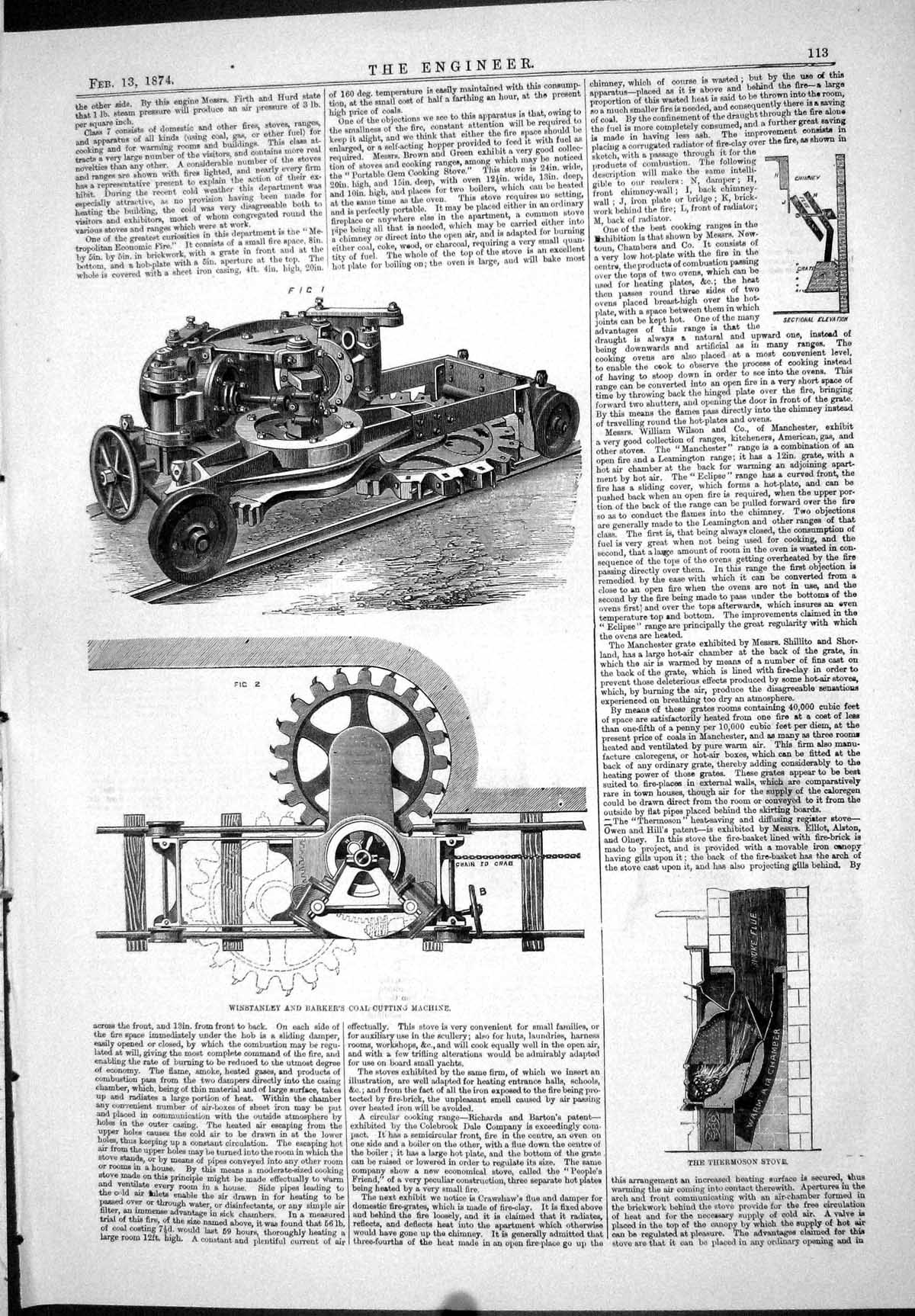 Antique Old Print 1874 Winstanley Barker Coal Cutting Machine Thermoson Stove