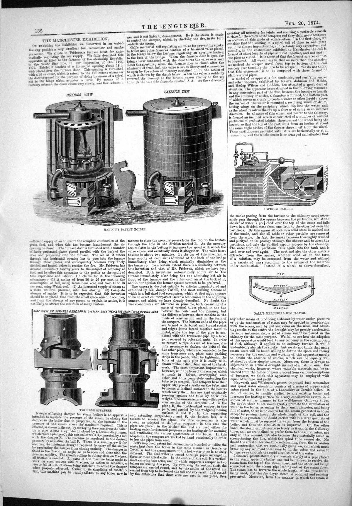 Antique Print 1874 Harlow Patent Boiler Irving Damper Twibill Scrapers Gall