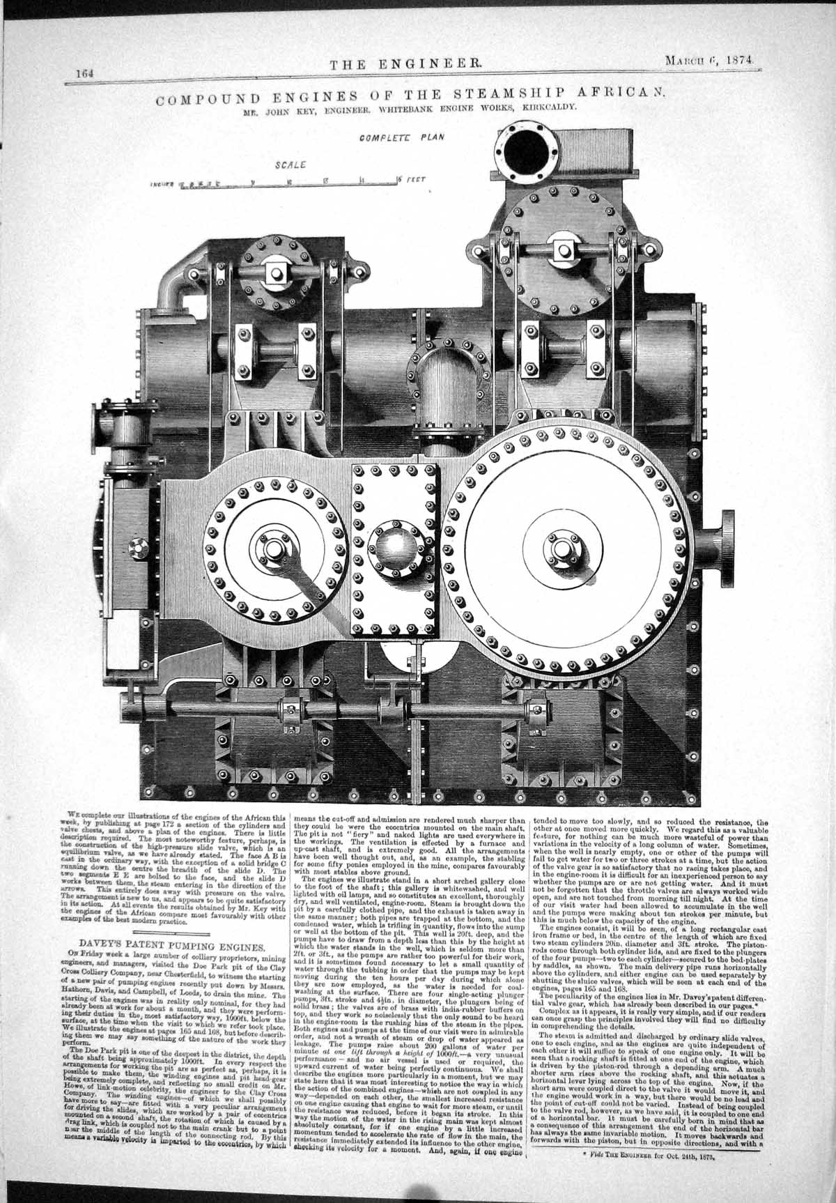 Antique Old Print 1874 Compound Engines Steam Ship African John Key Whitebank