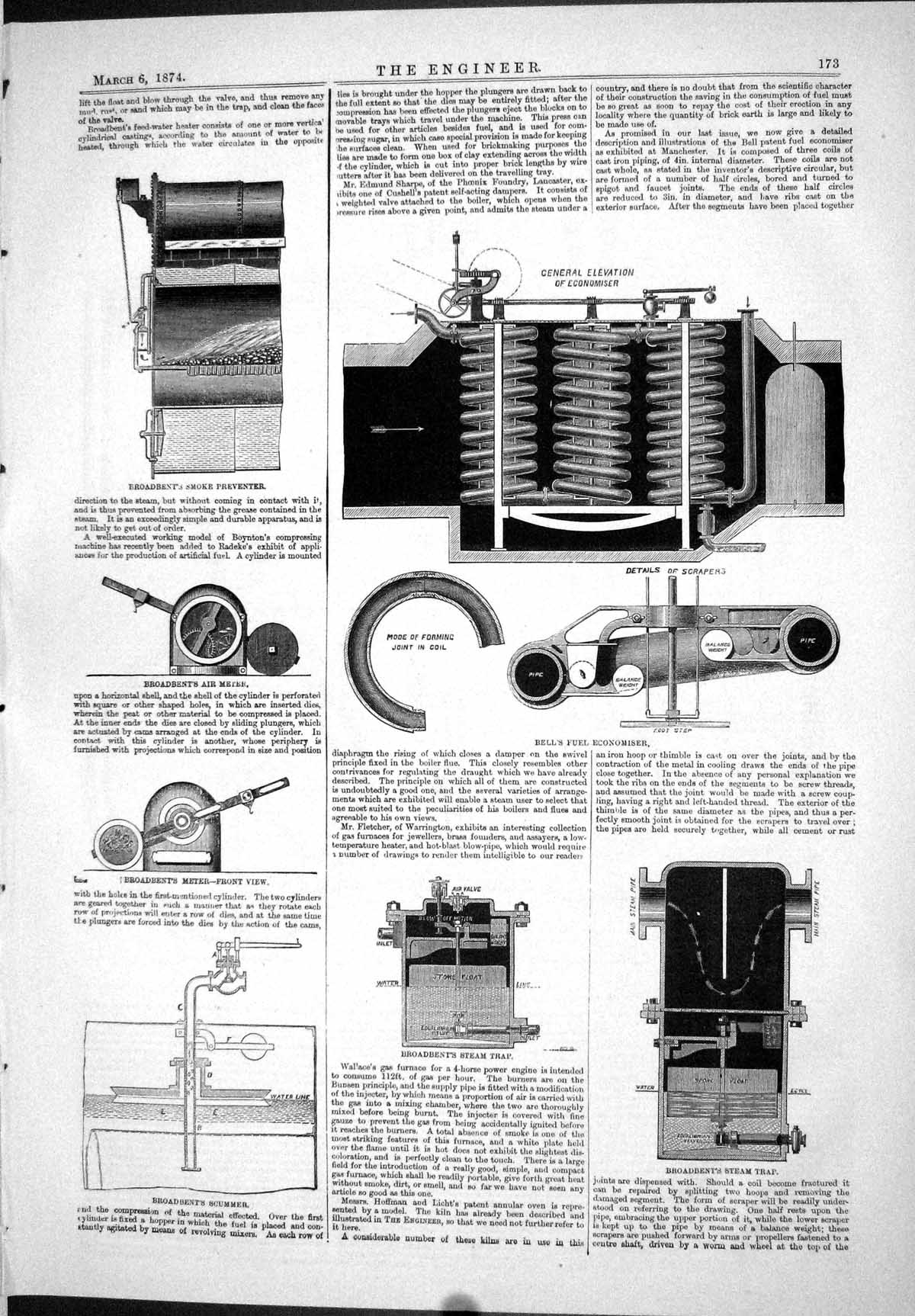 Antique Print 1874 Boradbent Smoke Preventer Air Meter Steam Trap Bell Fuel