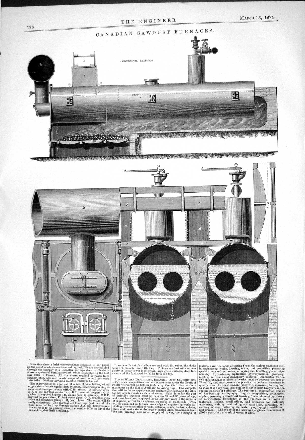Old Engineering 1874 Canadian Sawdust Furnaces Machinery Screw Propel Victorian