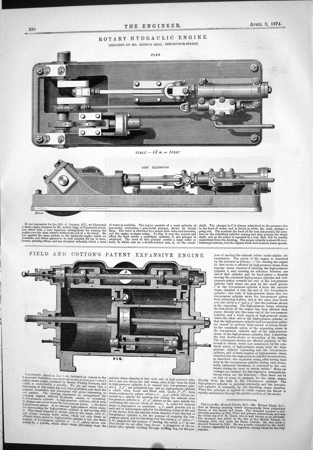 Old Print 1874 Rotary Hydraulic Engine Arthur Rigg Field Cotton Expansive 19th