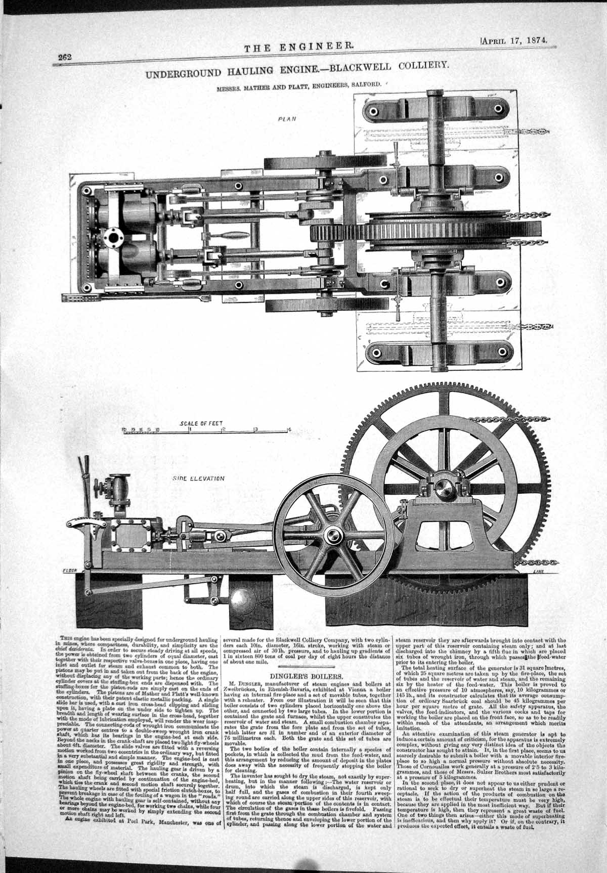 Old Print Underground Hauling Engine Blackwell Colliery Mather Platt 1874 19th