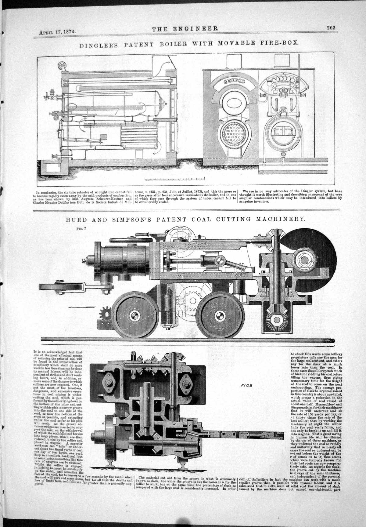 Antique Print 1874 Dingler Patent Boiler Movable Fire-Box Hurd Simpson Coal