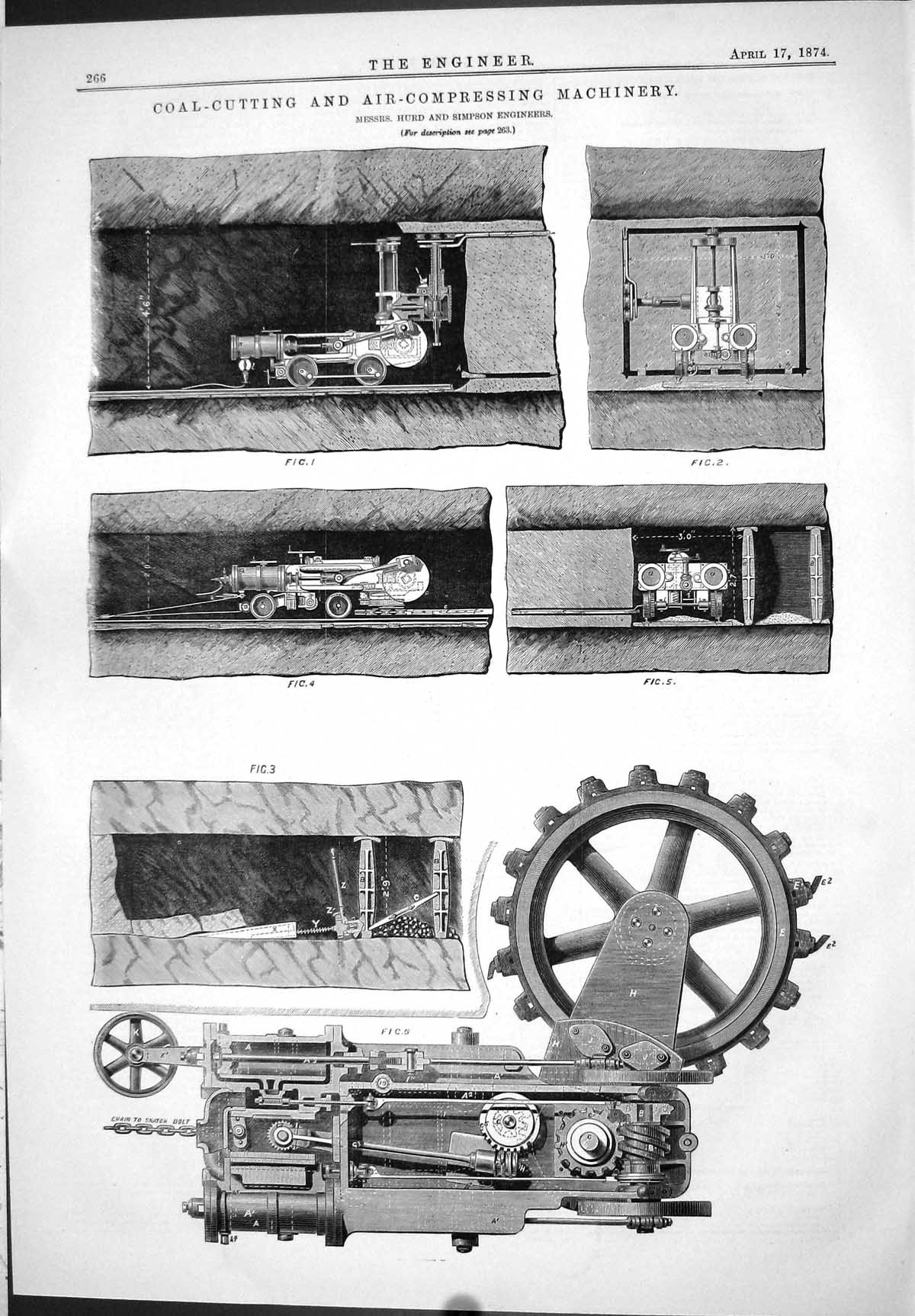 Old Engineering 1874 Coal Cutting Air Compressing Machinery Hurd Simp Victorian
